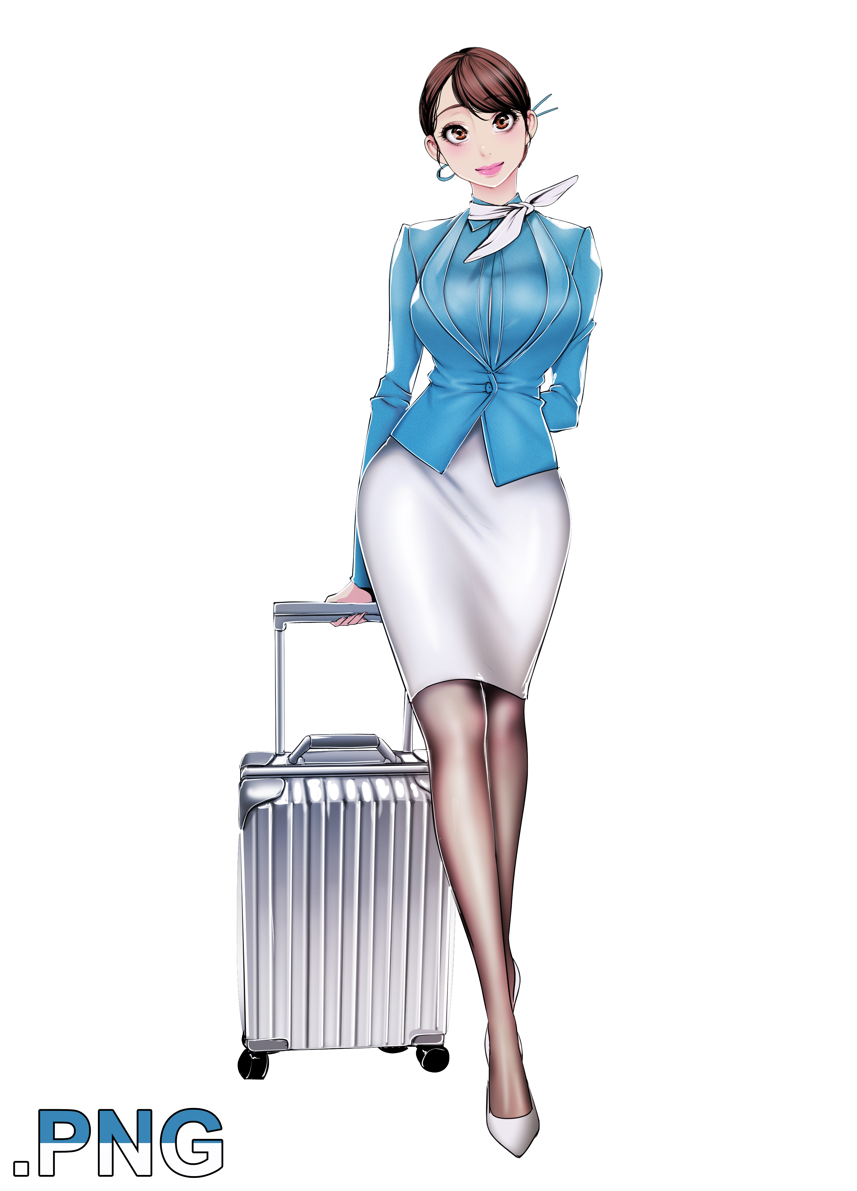 Anime 2880x4000 transparent background brunette flight attendant simple background png looking at viewer heels minimalism luggage closed mouth lipstick pink lipstick pantyhose anime girls short hair