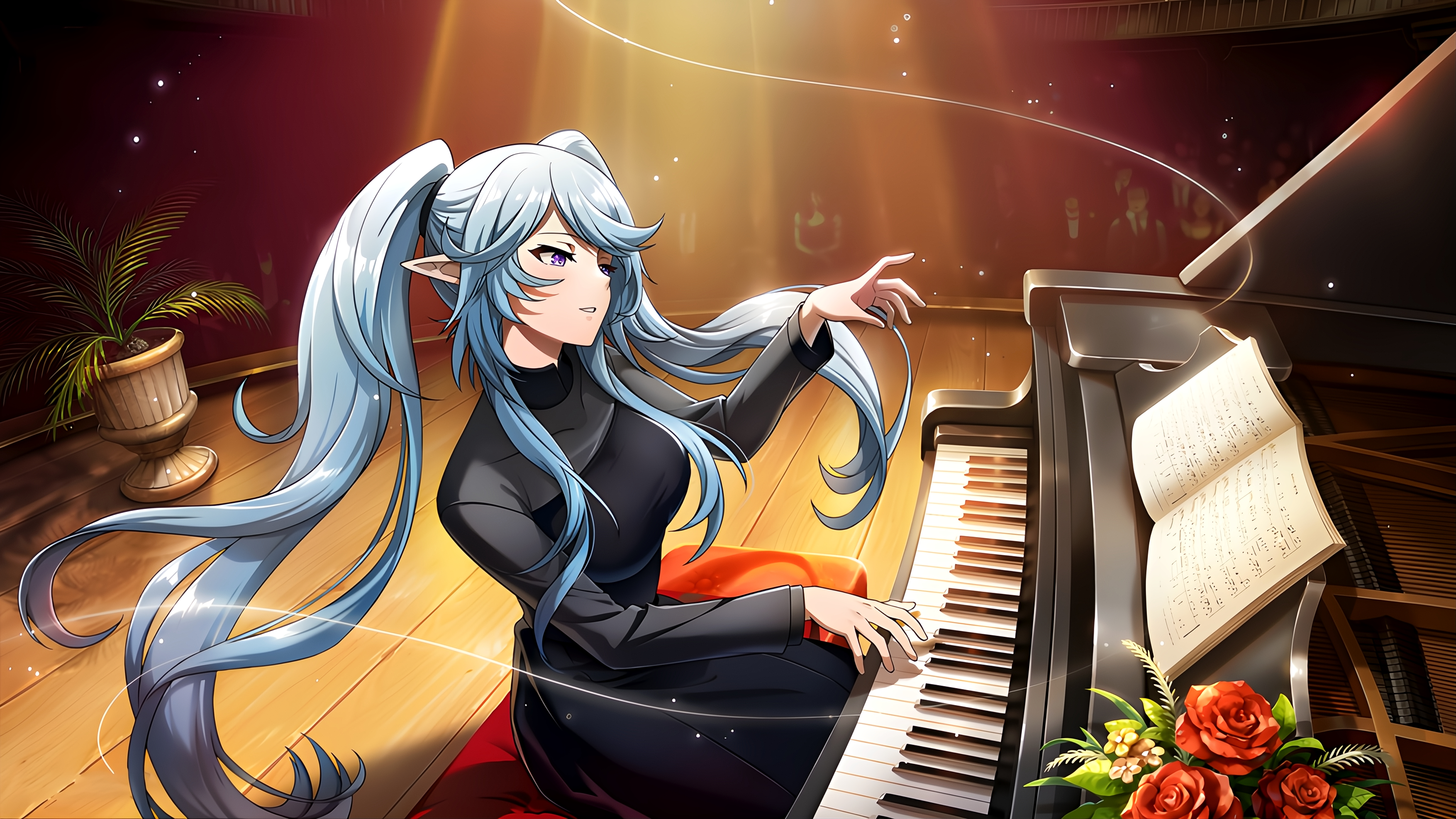 Anime 3840x2160 The Eminence in Shadow anime Silon (Epsilon) piano musical instrument pointy ears sitting flowers long hair stages twintails wood dress lights stage light blue hair purple eyes crowds anime girls plants high angle