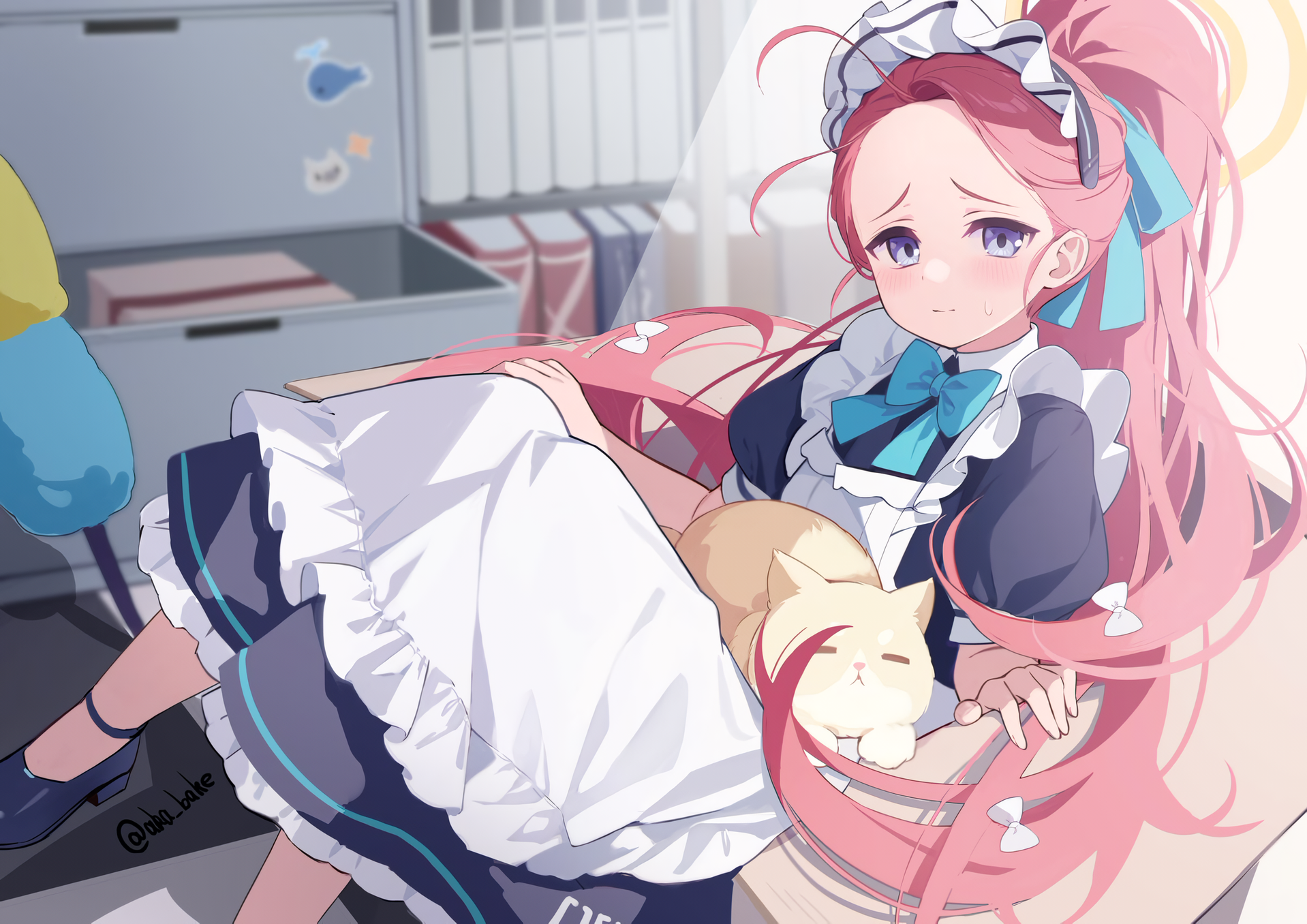 Anime 1918x1356 anime girls Hanaoka Yuzu maid Blue Archive redhead long hair watermarked maid outfit looking at viewer Aka Kan indoors women indoors closed mouth sweatdrop blue eyes short sleeves books sunlight frills blue bow bow anime