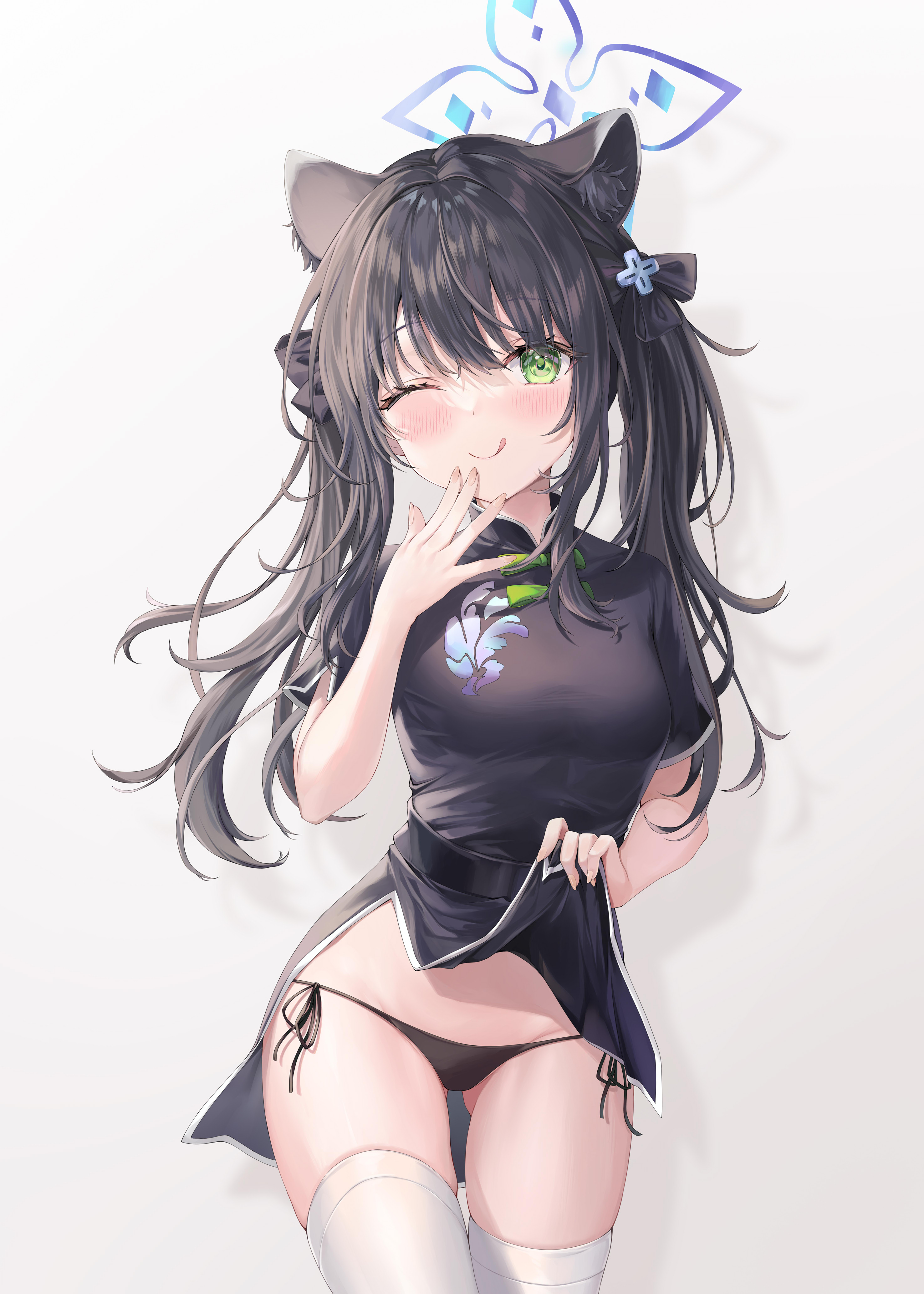 Anime 2953x4134 anime anime girls Blue Archive cat girl shiduki_ruri smiling tongue out blushing one eye closed long hair hair between eyes twintails simple background thighs lifting clothes butt fangs white stockings stockings Sunohara Shun standing chinese clothing black hair green eyes hair ornament short sleeves closed mouth animal ears black panties portrait display lifting dress looking at viewer panties side tie thong