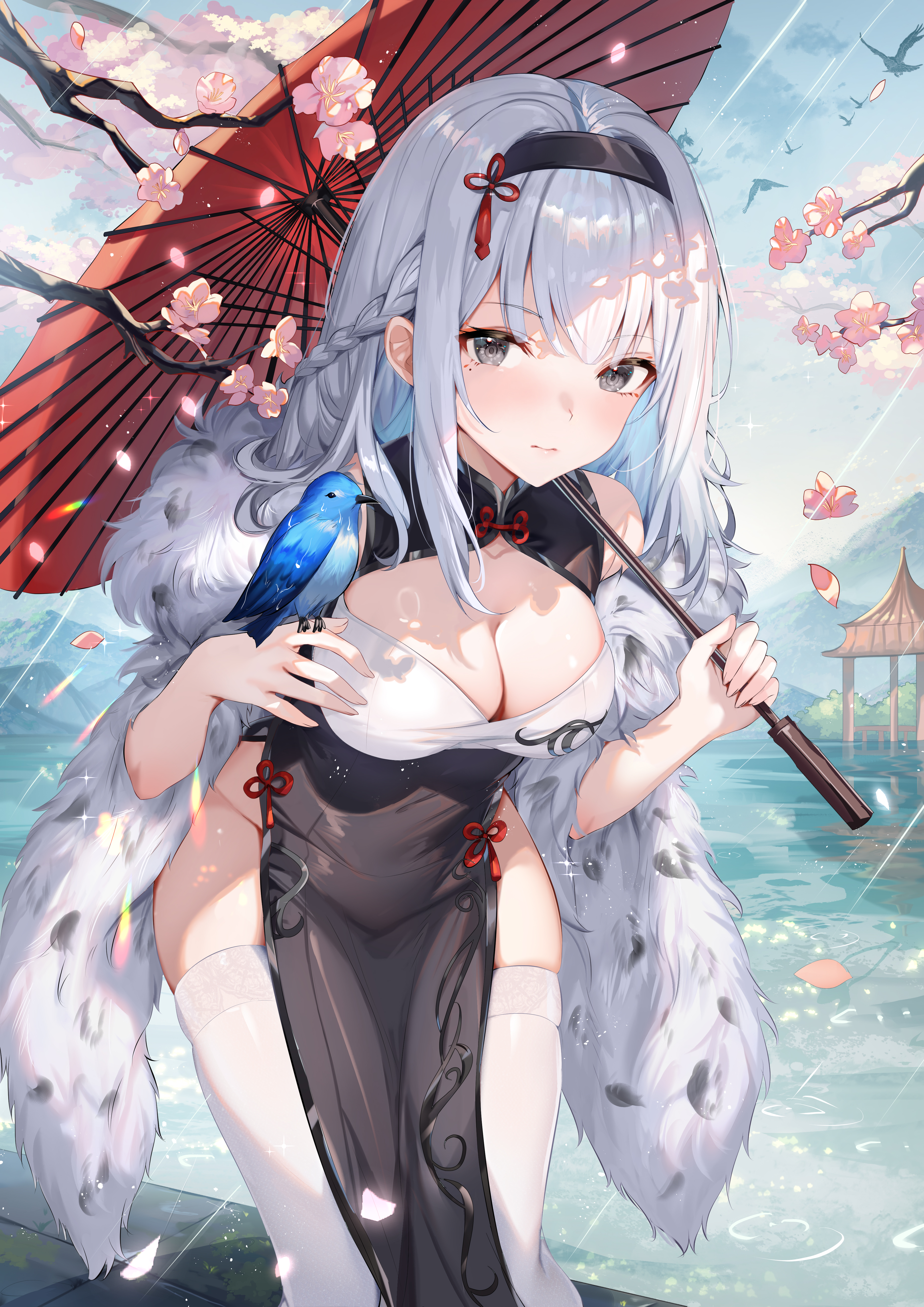 Anime 3720x5262 anime anime girls Snowbreak: Containment Zone Ji Chenxing Gejigejier closed mouth leaning portrait display cleavage bare shoulders animals paper umbrellas umbrella outdoors women outdoors rain water petals branch flowers stockings white stockings thighs headband big boobs sky birds french braids braids looking at viewer fur coats Chinese clothing standing