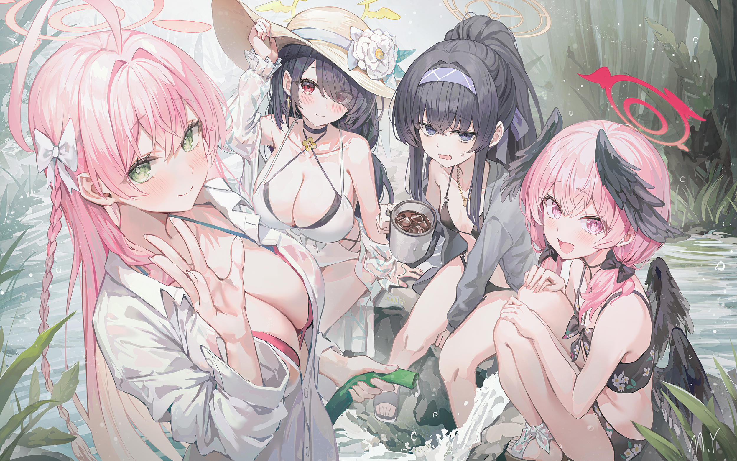 Anime 2500x1563 Hanako (blue archive) anime girls women quartet Shimoe Koharu (Blue Archive) ui (blue archive) cleavage group of women big boobs looking at viewer water Hinata (Blue Archive) wet Blue Archive blushing hair between eyes bikini closed mouth open mouth collarbone smiling hair bows sun hats MyungYi one bare shoulder hands on knees bent legs head wings long hair ponytail leaves waterhose signature outdoors women outdoors