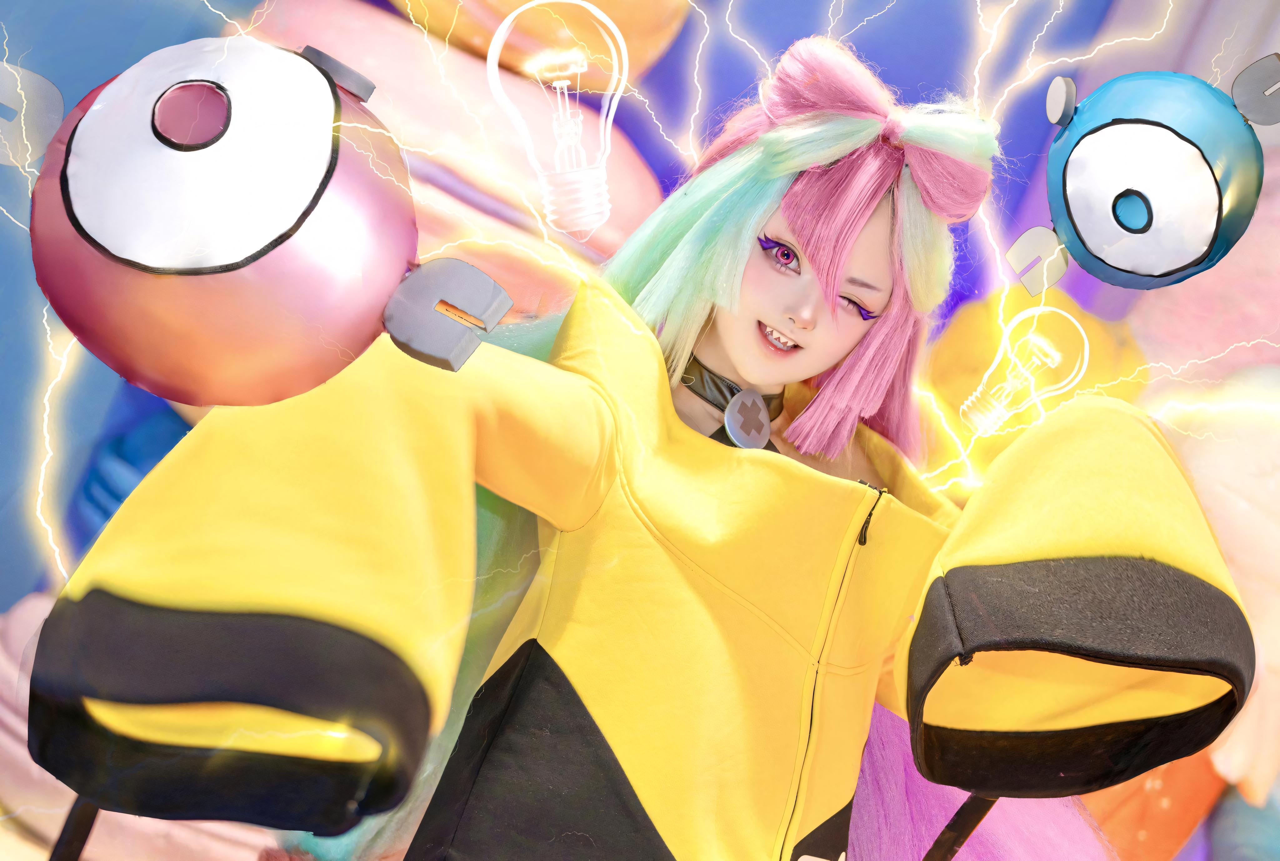 People 4096x2756 Seeuxiaorou cosplay photoshopped yellow jacket smiling oversized outfit Pokémon long hair plush toy Asian