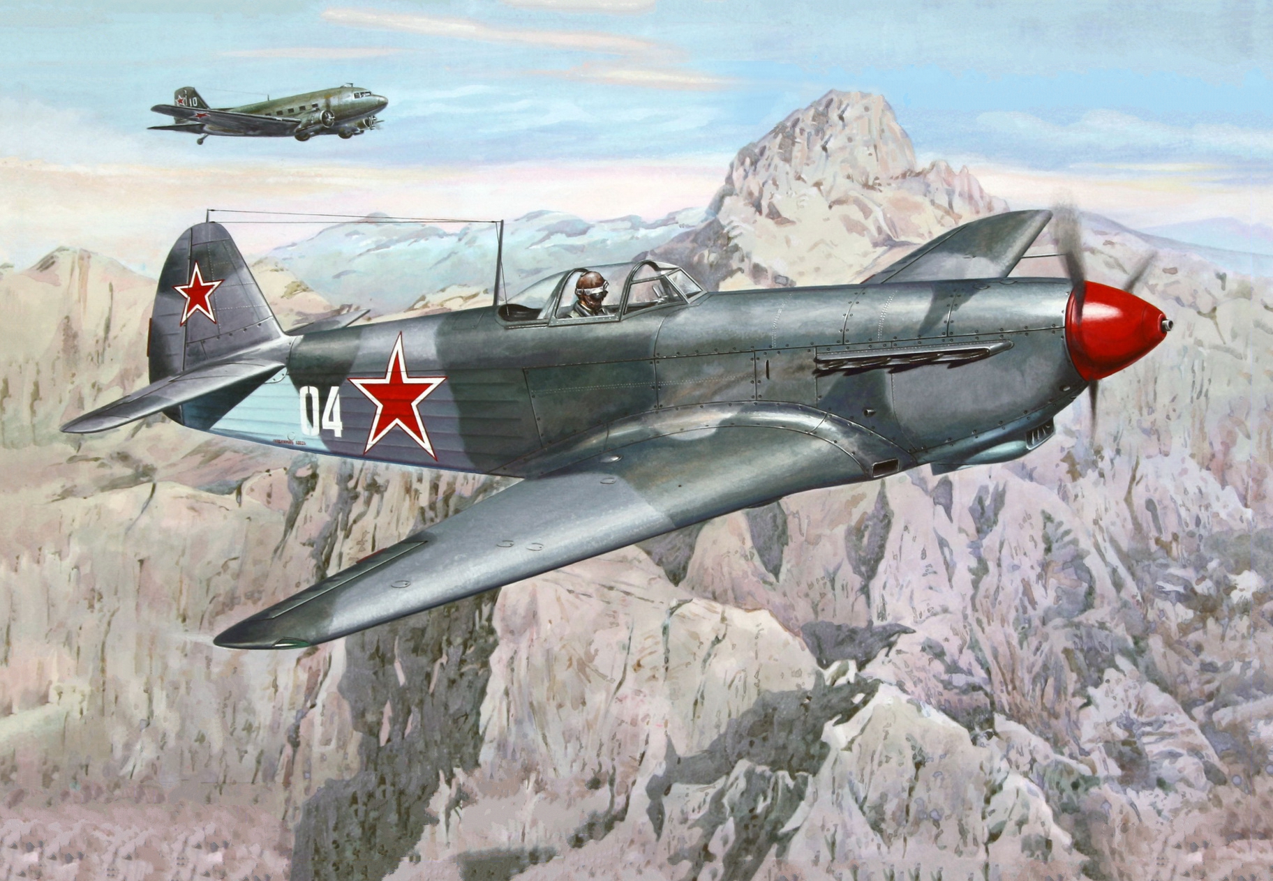 General 1824x1263 aircraft flying sky army gear military Russian/Soviet aircraft Yakovlev Yak-9 army pilot clouds men mountains
