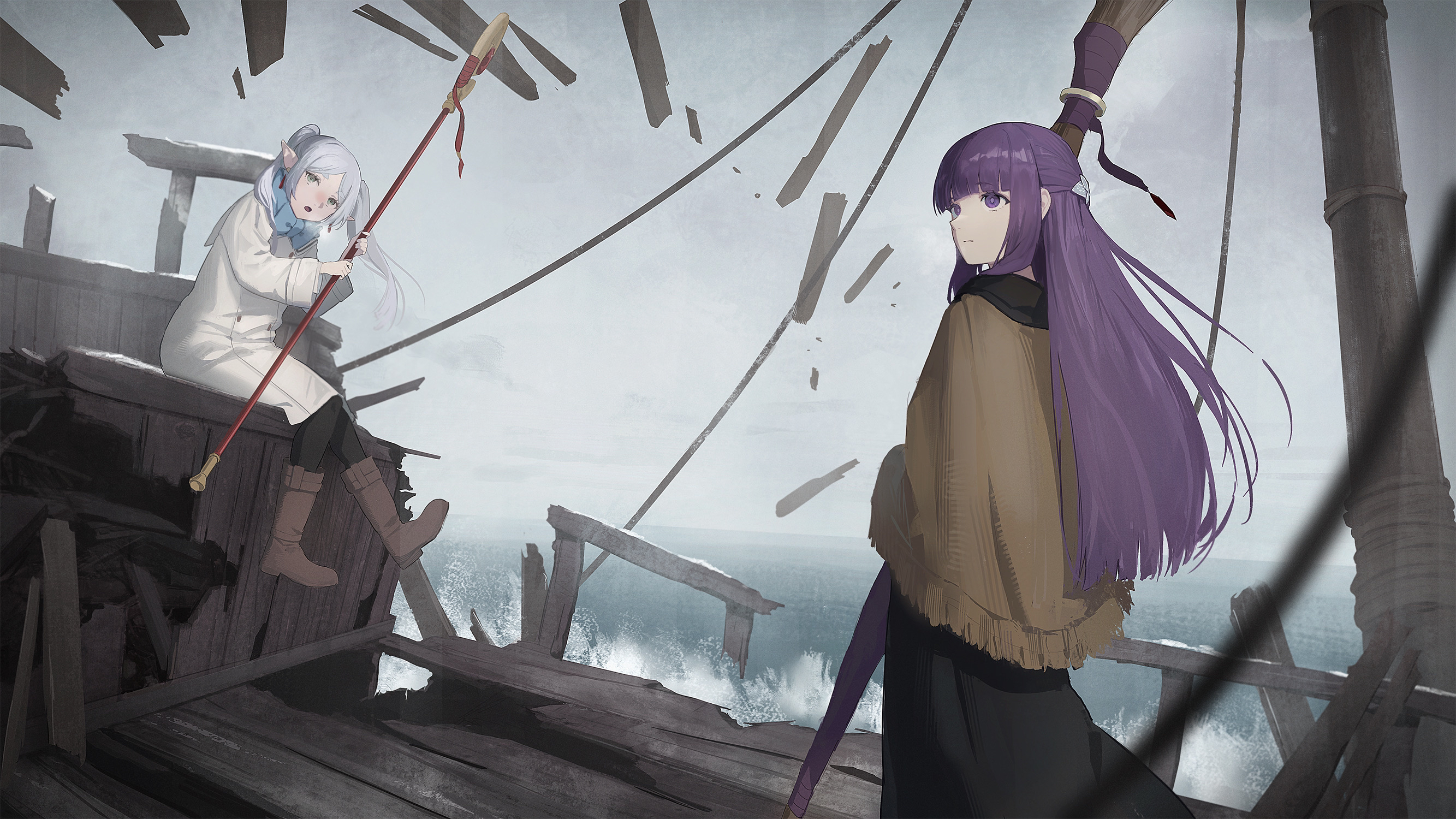 Anime 2667x1500 anime anime girls Sousou No Frieren Fern (Sousou No Frieren) Frieren twintails staff wood long hair looking away pointy ears coats boots sitting water purple hair purple eyes white hair blue eyes open mouth standing closed mouth