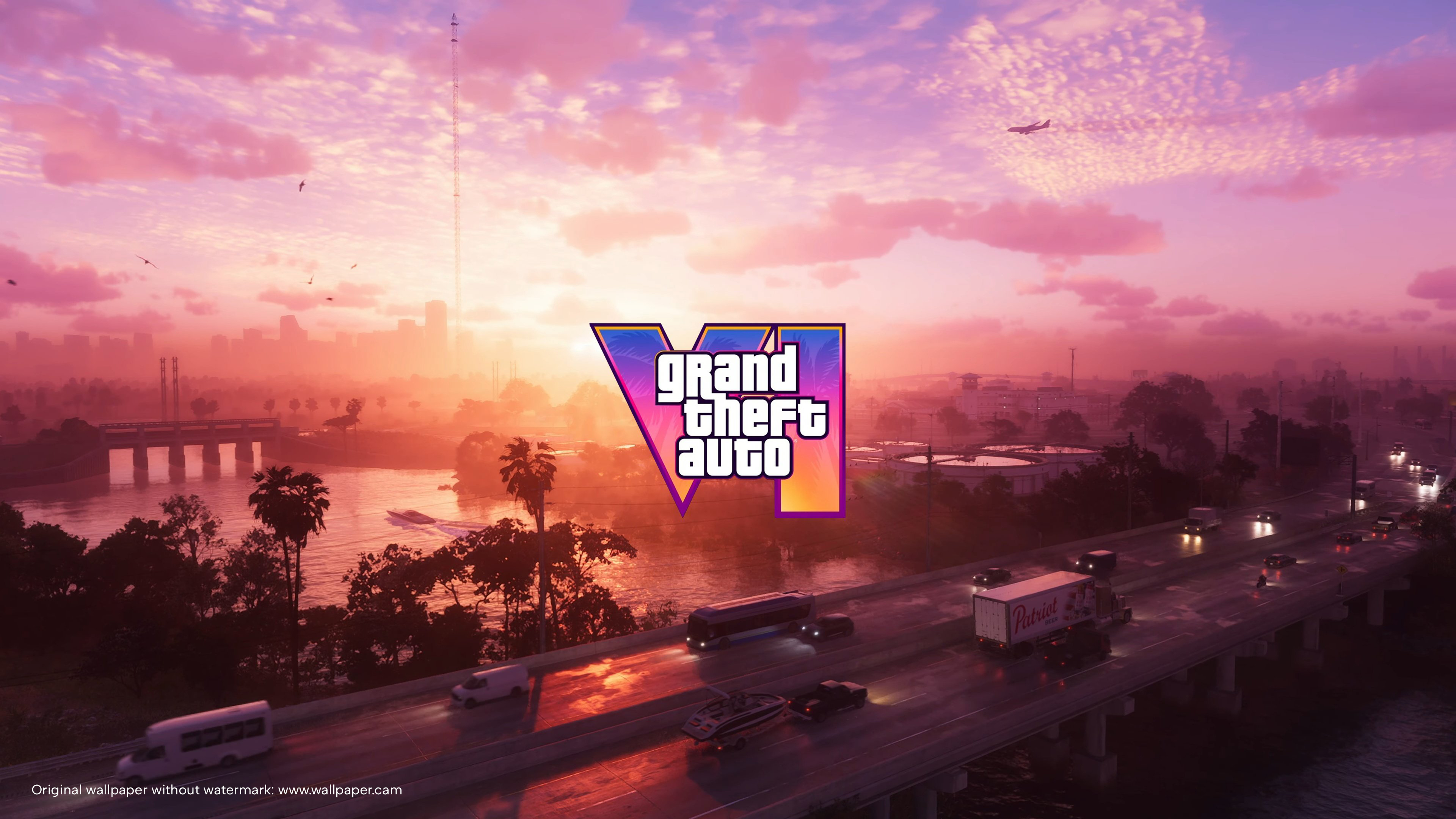 General 3840x2160 Grand Theft Auto VI Games posters sunset sunset glow illustration sunlight Rockstar Games clouds birds traffic watermarked video games video game art screen shot sky Grand Theft Auto headlights taillights road water bridge palm trees vehicle driving airplane
