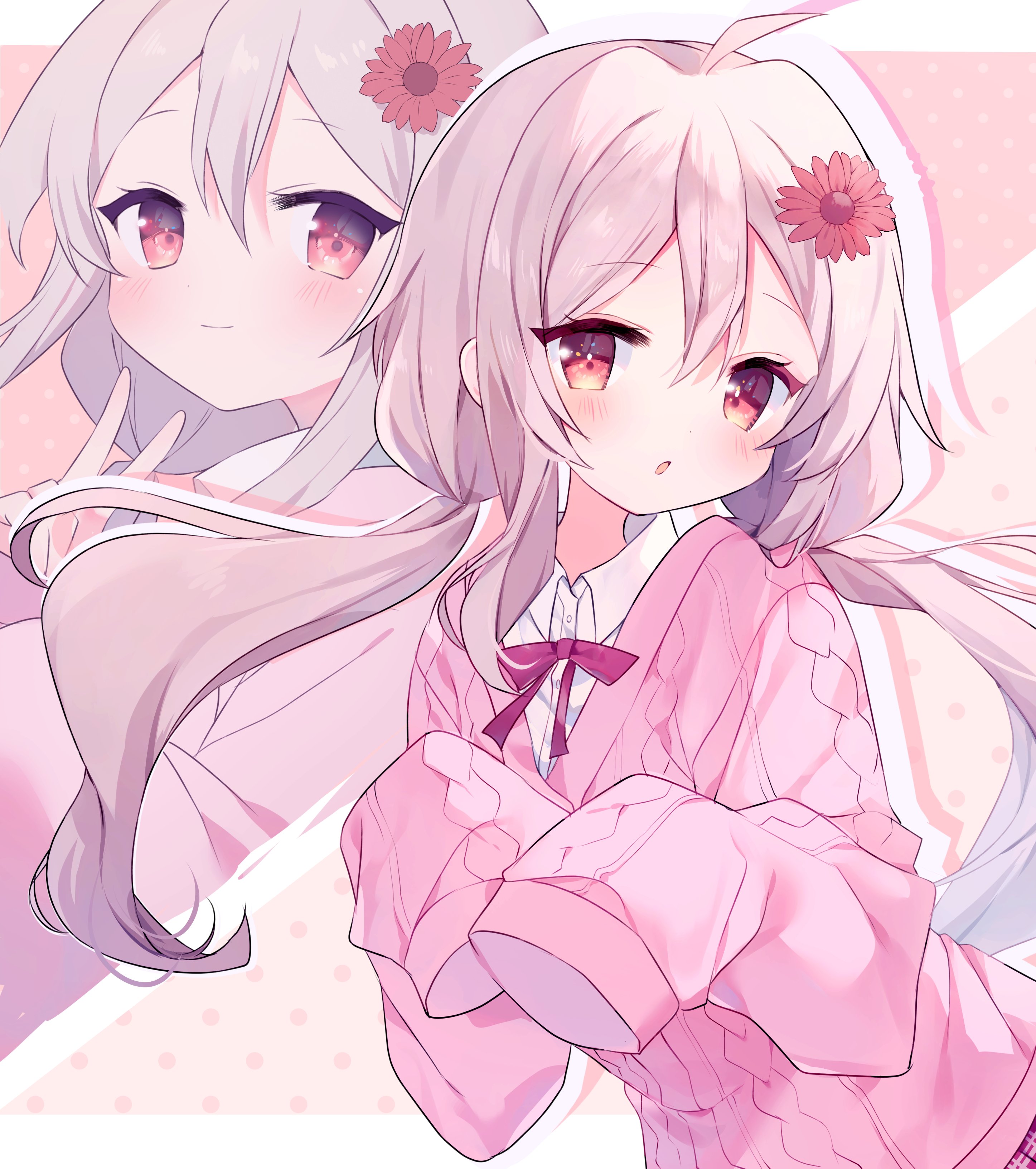 Anime 2894x3264 anime anime girls portrait display twintails long hair flower in hair yamucooo open mouth hair between eyes sweater long sleeves closed mouth smiling peace sign looking at viewer ahoge pink sweater bow tie