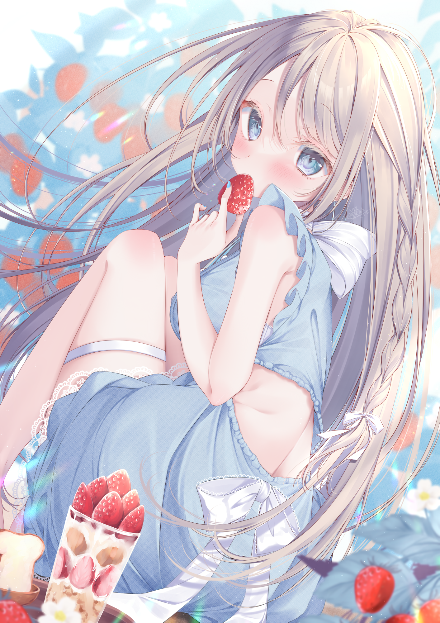 Anime 1413x2000 anime anime girls tenti0619 strawberries blue eyes long hair portrait display fruit looking at viewer blushing bare shoulders leg ring Parfait bent legs blue nails painted nails hair between eyes blonde covering mouth frills hair bows braids french braids sleeveless original characters leaves