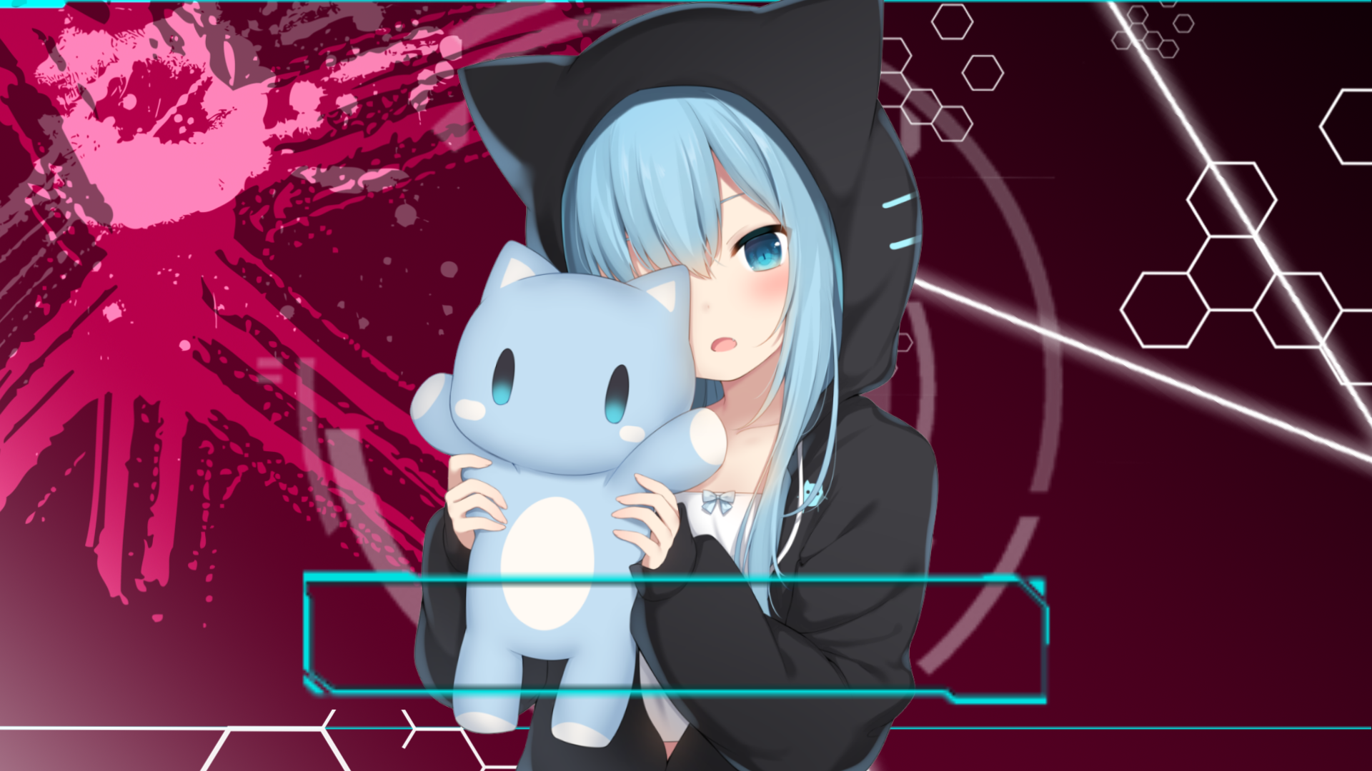 Anime 1920x1080 simple background anime blue hair blue eyes hoods one eye obstructed blushing anime girls open mouth minimalism looking at viewer plush toy collarbone long sleeves long hair hair between eyes hexagon