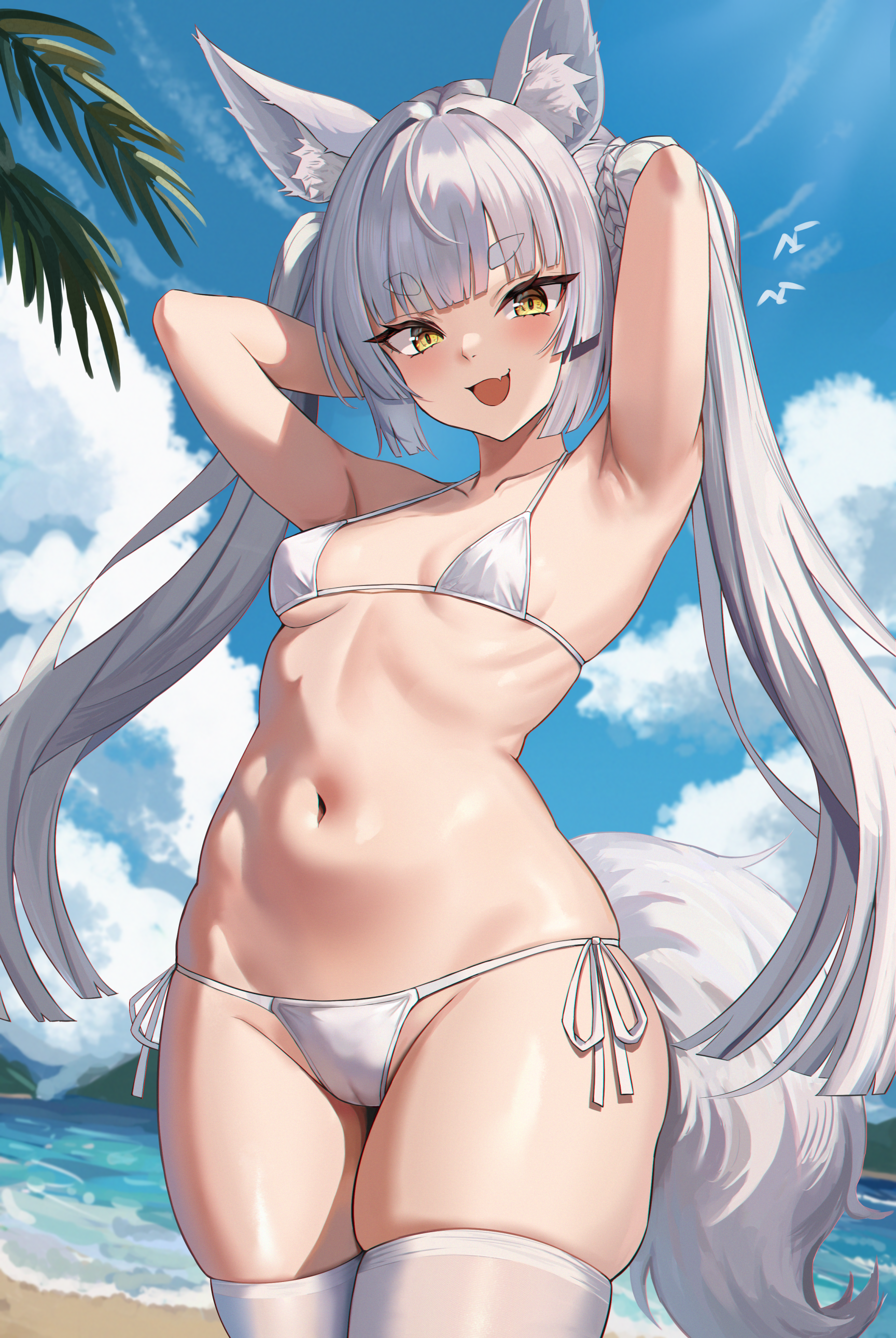 Anime 1728x2580 Azur Lane anime girls Asanagi (Azur Lane) sky long hair yellow eyes portrait display anime outdoors women outdoors Raybe looking at viewer bikini arm(s) behind head arms up collarbone armpits open mouth beach women on beach skindentation thigh-highs fox girl fox ears fox tail french braids slim body small boobs sunlight clouds birds water waves thighs skinny ribs leaves blunt bangs silver hair blushing standing