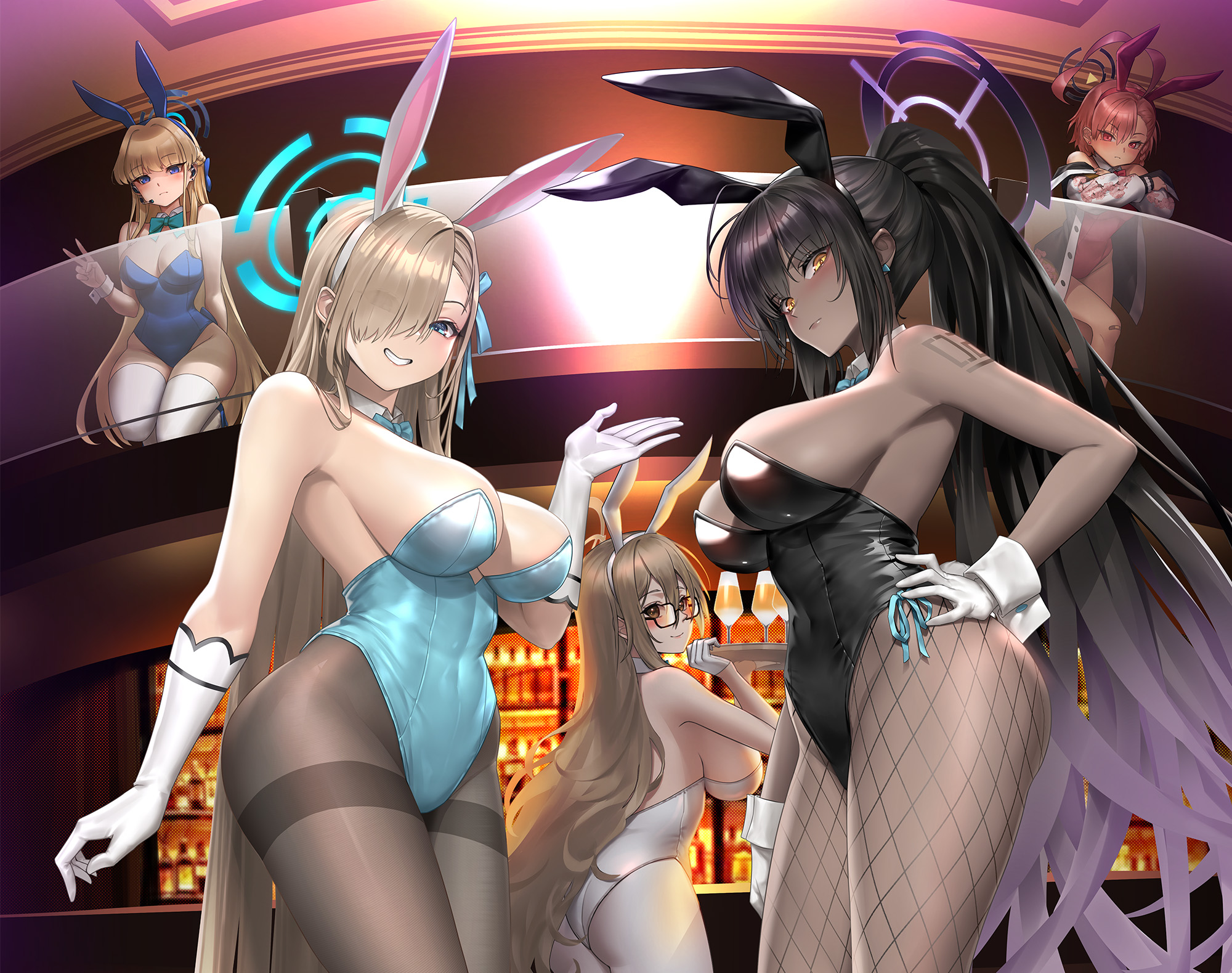 Anime 2000x1579 Blue Archive peace sign looking at viewer gloves Asuma Toki (Blue Archive) Asuna Ichinose long hair Murokasa Akane fishnet Kakudate Karin sideboob Mikamo Neru ponytail huge breasts bunny ears looking back white gloves hands on hips blushing fishnet pantyhose bar white pantyhose glasses pantyhose white stockings gradient hair blue leotard white leotard red leotard black leotard bunny suit bunny girl animal ears bare shoulders armpits hair over one eye leotard Sunkilow women indoors smiling group of women anime anime girls