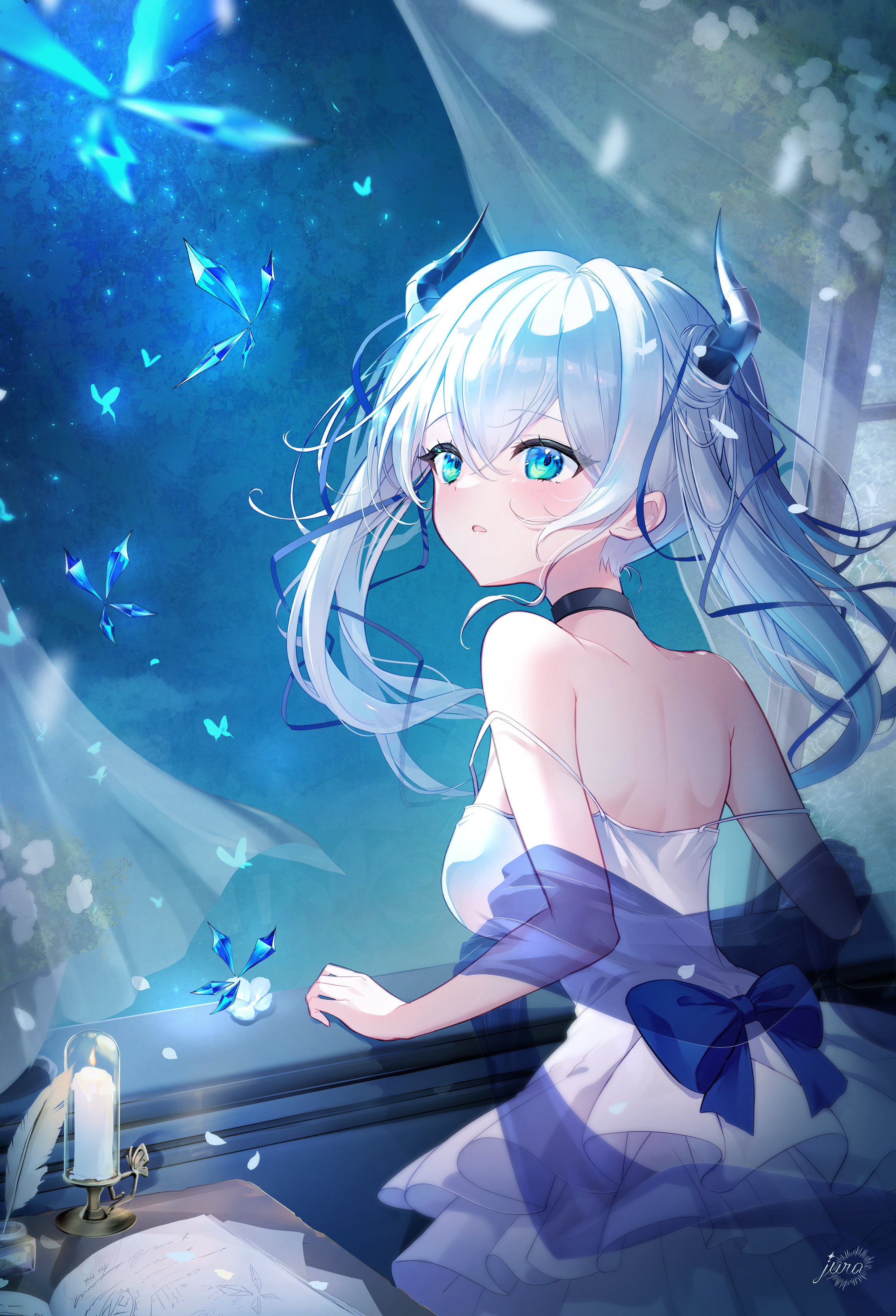 Anime 2267x3328 anime anime girls Jura_oekaki3 twintails looking away long hair hair between eyes dress signature curtains indoors women indoors blue eyes backless dress backless frills night open mouth blue hair petals sky candles feathers portrait display horns flowers choker parted lips butterfly insect
