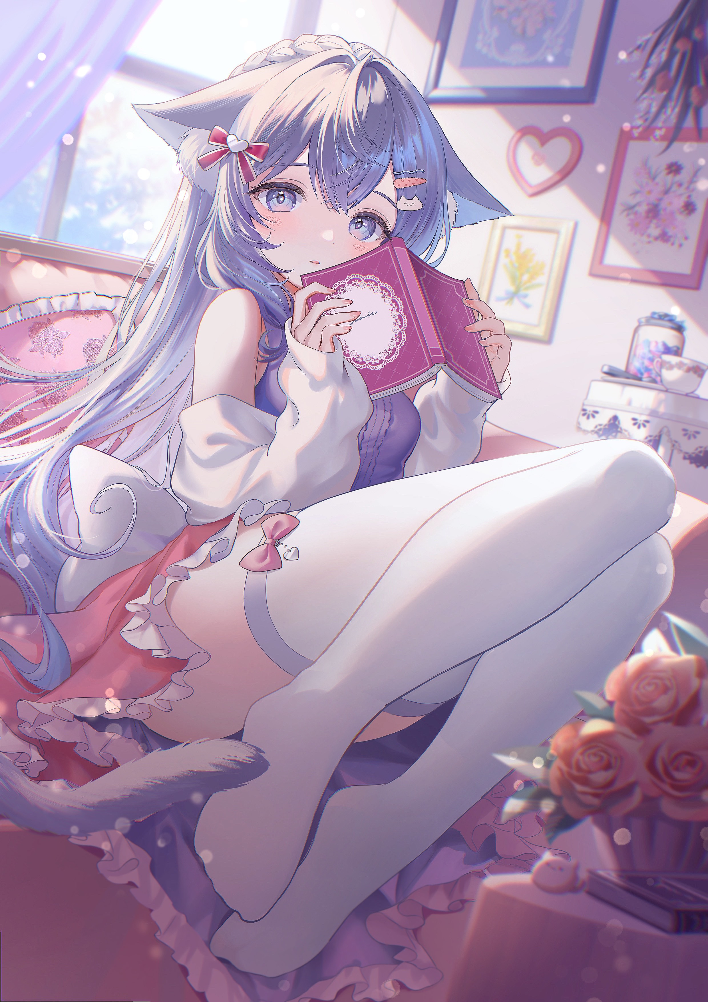 Anime 2480x3508 anime anime girls loli original characters portrait display cat ears indoors women indoors sunlight cat tail cat girl looking at viewer bent legs stockings flowers picture frames hair between eyes blushing hairpins blue eyes hair ornament blue hair hair ribbon cushions bed books sitting window braids book in hand long hair frills bare shoulders tailcoat rose legs