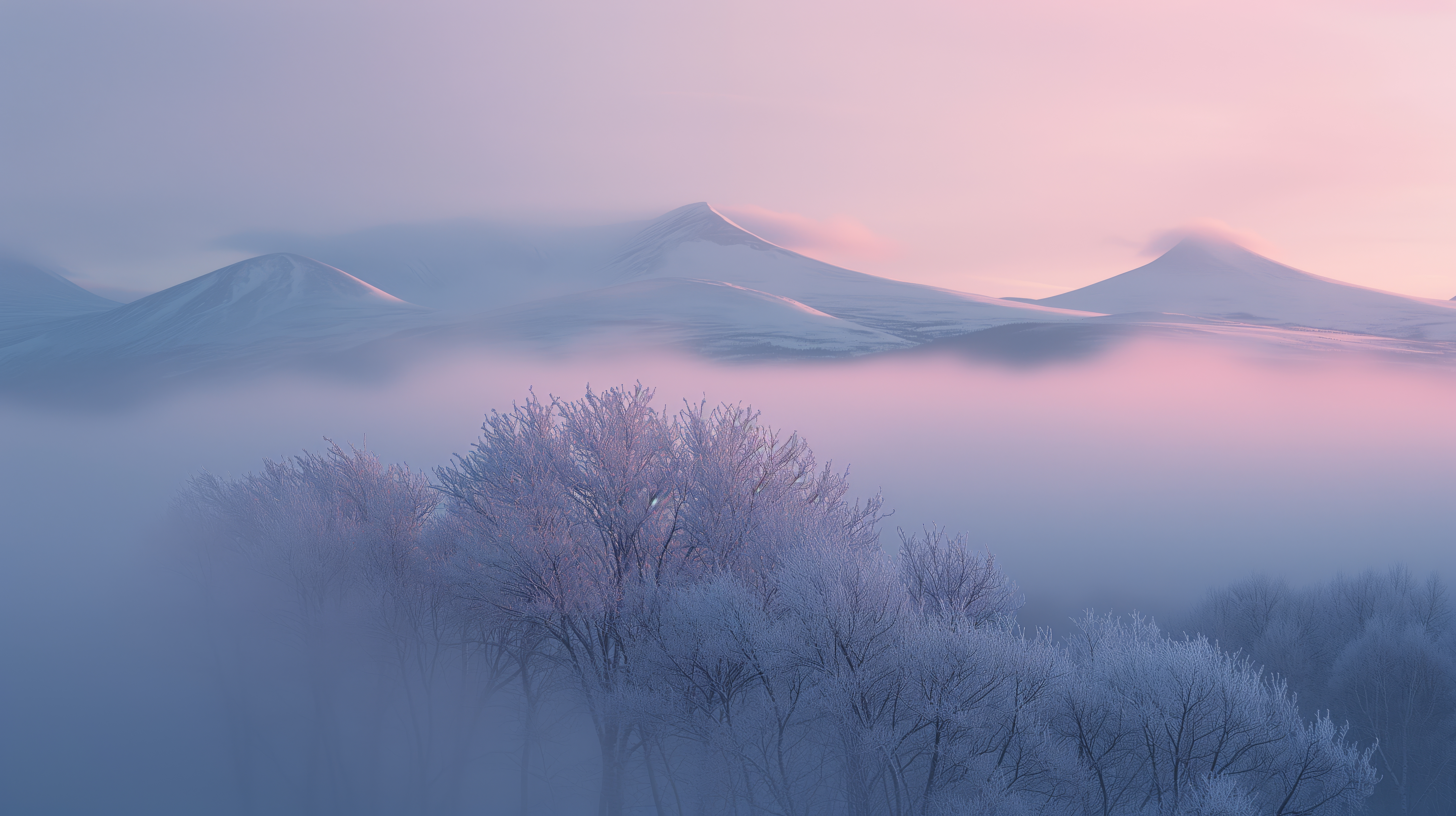 General 5824x3264 AI art mountains snow trees pink mist nature