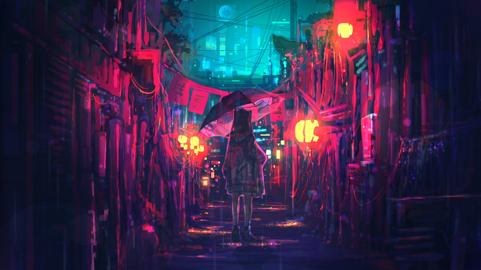 Anime 1600x900 anime anime girls digital art umbrella standing street light alleyway power lines night