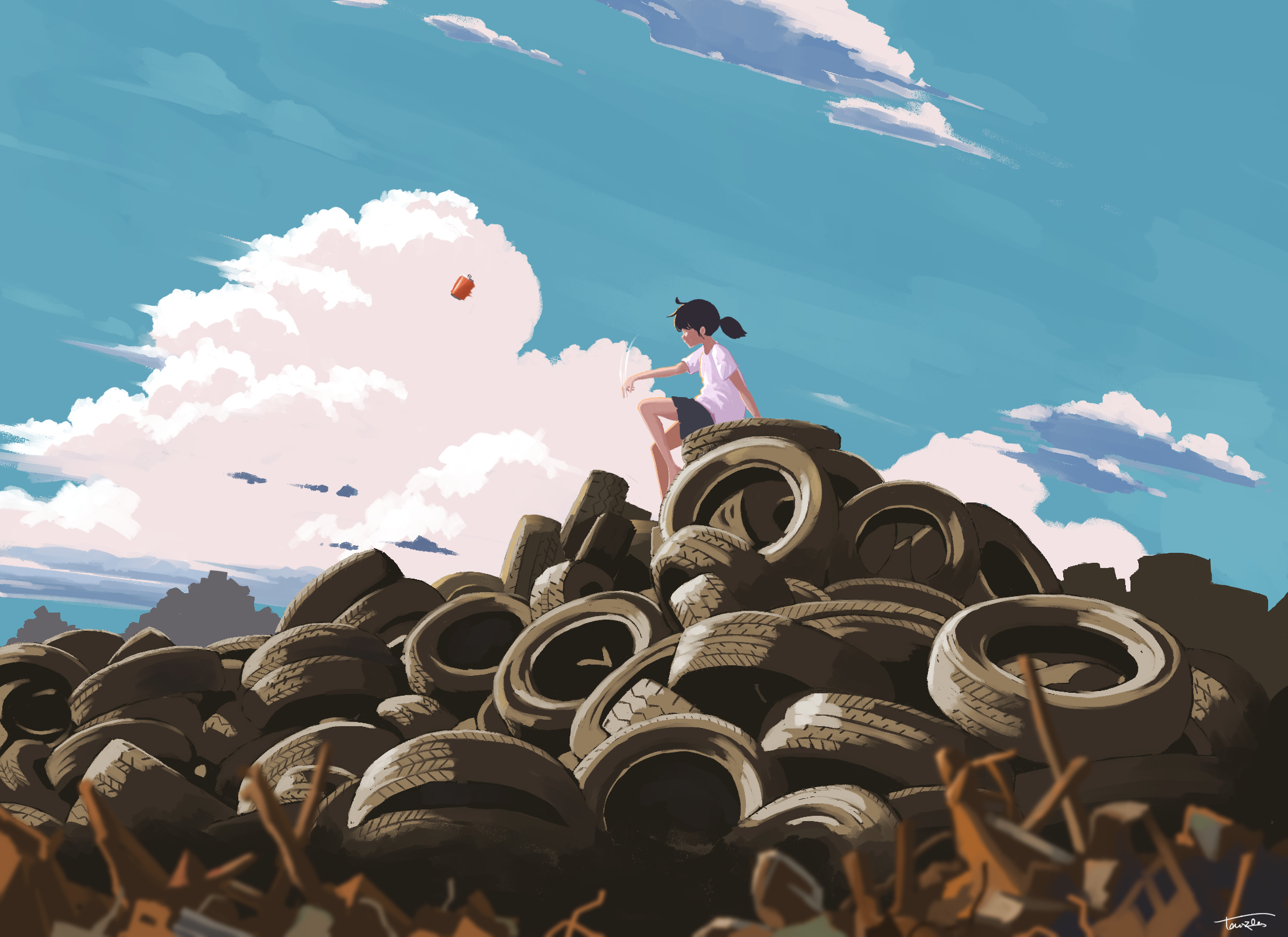 General 2200x1600 Taizo digital art artwork illustration clouds sky rubber piles tires sitting ponytail sunlight short sleeves signature white shirt