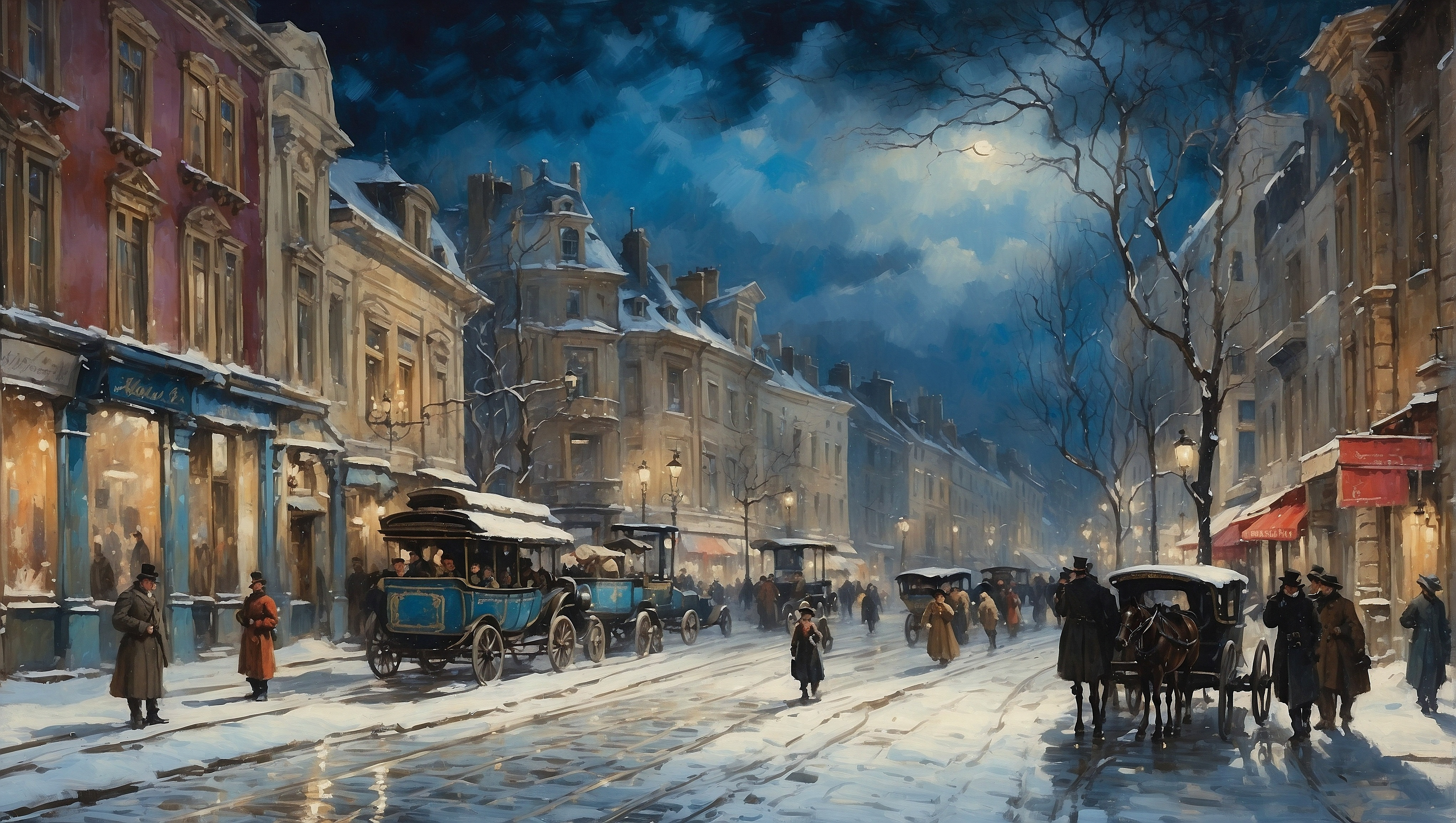 General 4084x2310 AI art digital art cityscape street carriage horse winter 19th century digital painting night sky clouds people street light building trees