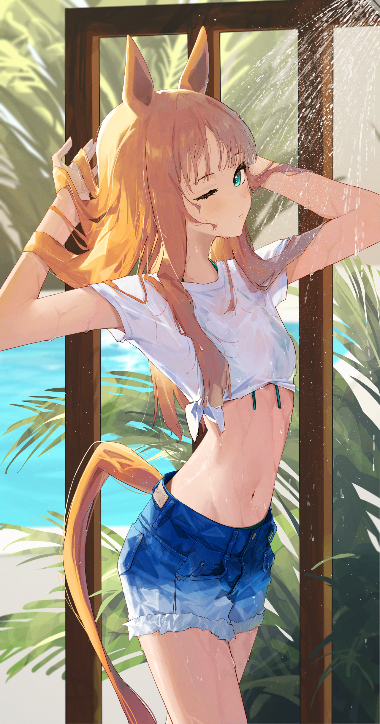 Anime 1280x2435 anime anime girls digital art artwork petite looking at viewer portrait portrait display belly belly button bare midriff shorts short shorts short shirt crop top standing Uma Musume Pretty Derby Silence Suzuka (Uma Musume) one eye closed 2D slim body skinny arms up short sleeves water leaves wet wet body wet clothing redhead blue eyes NingenGokko24 horse girls animal ears tail closed mouth tied top plants