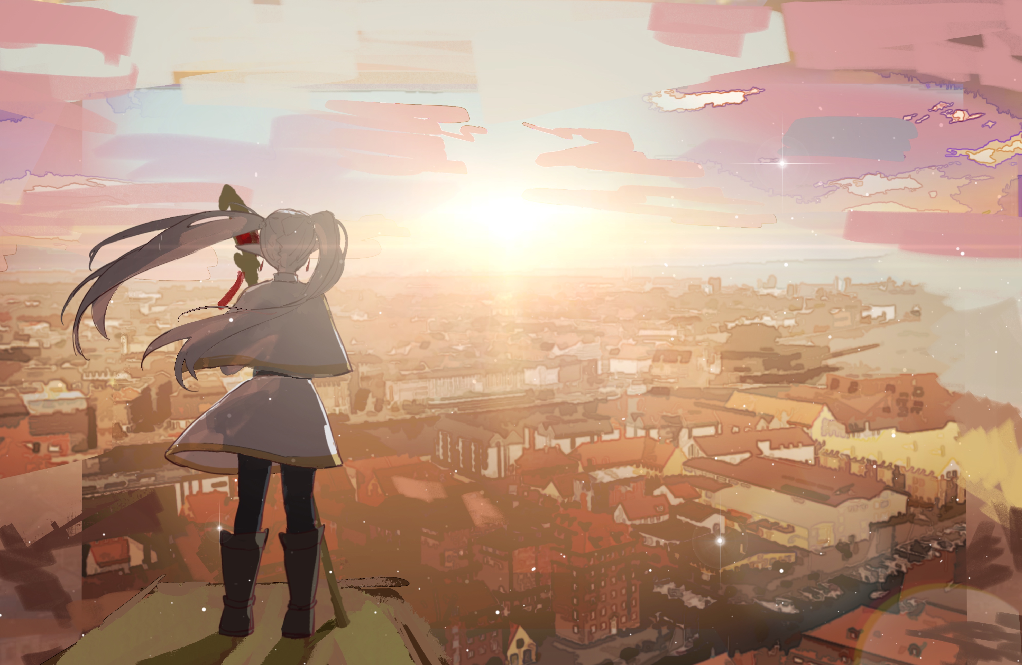 Anime 3977x2591 anime anime girls Sousou No Frieren Frieren standing long hair pointy ears sunlight twintails earring city sky cityscape building stars staff capelet wind boots sunset sunset glow