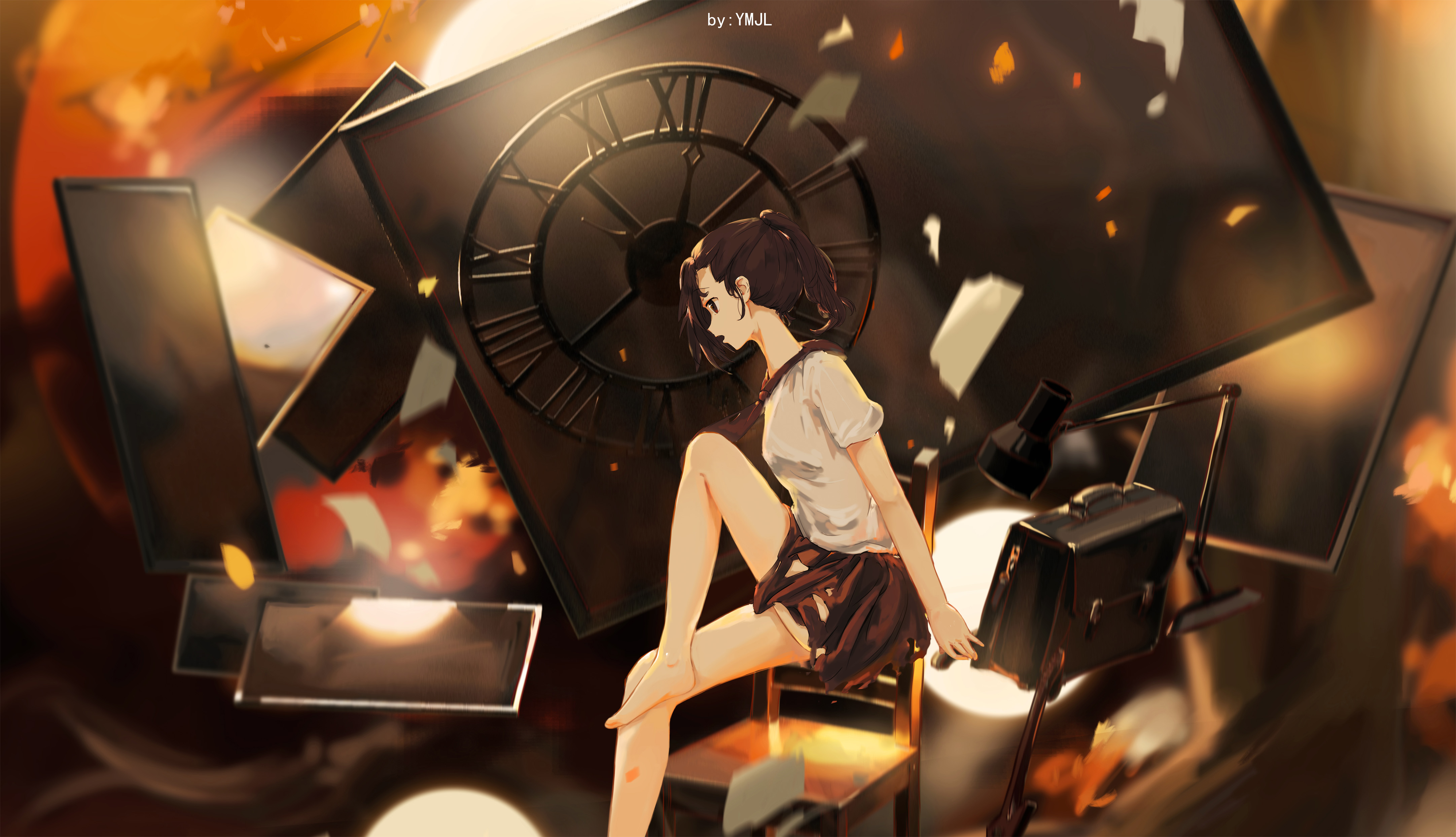 Anime 4327x2487 clocks chair guitar lamp books leaves side view anime girls open mouth ponytail schoolgirl school uniform time Roman numerals looking away luggage torn skirt torn clothes skirt short sleeves Y|M bent legs sitting brunette brown eyes