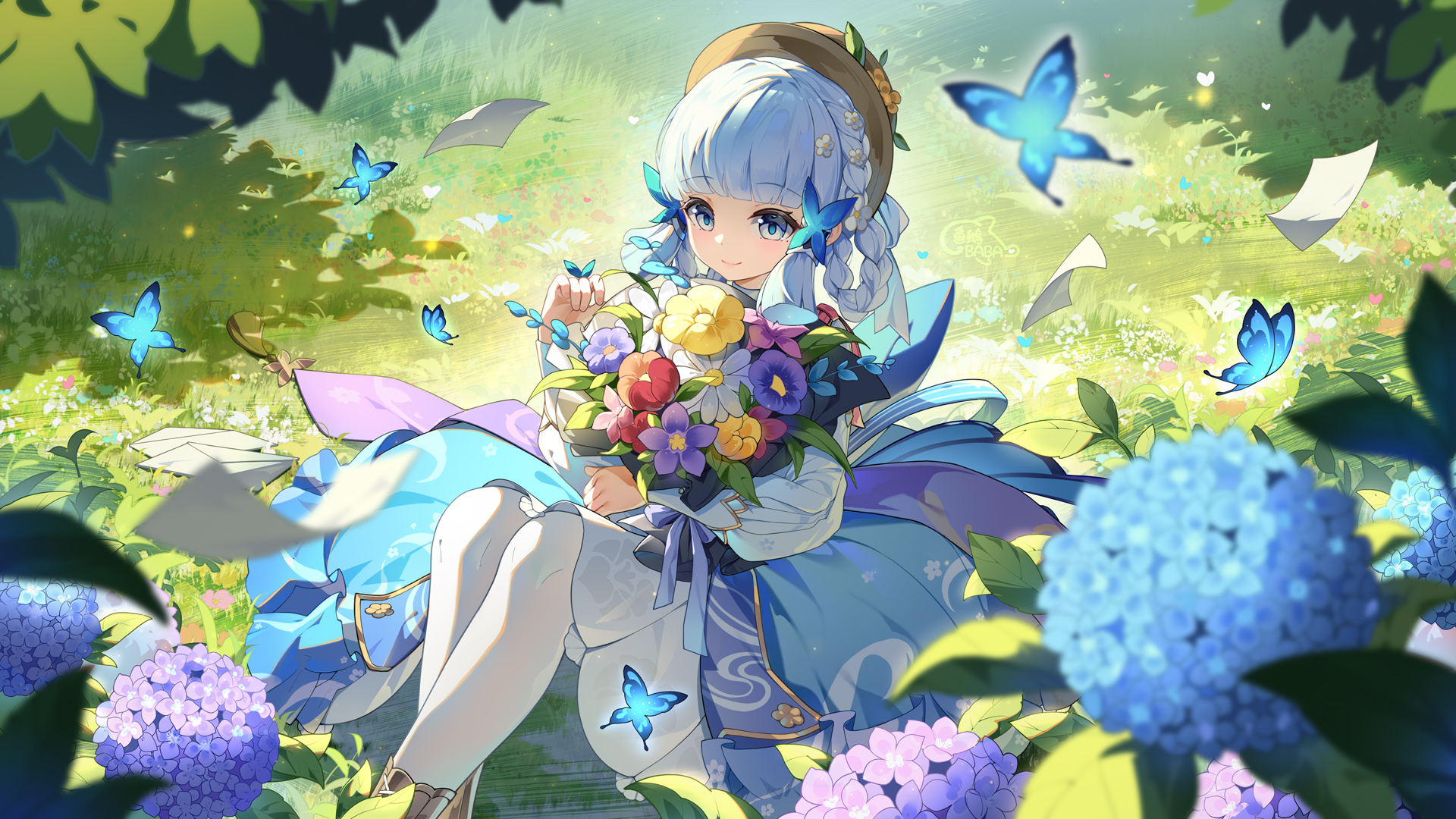 Anime 1920x1080 anime anime girls Kamisato Ayaka (Genshin Impact) Genshin Impact butterfly outdoors women outdoors closed mouth insect on the floor hair tubes sunlight blue hair blue eyes flowers leaves sitting hat women with hats ground on the ground Yu e baba flower in hair bangs letter grass dress bent legs paper