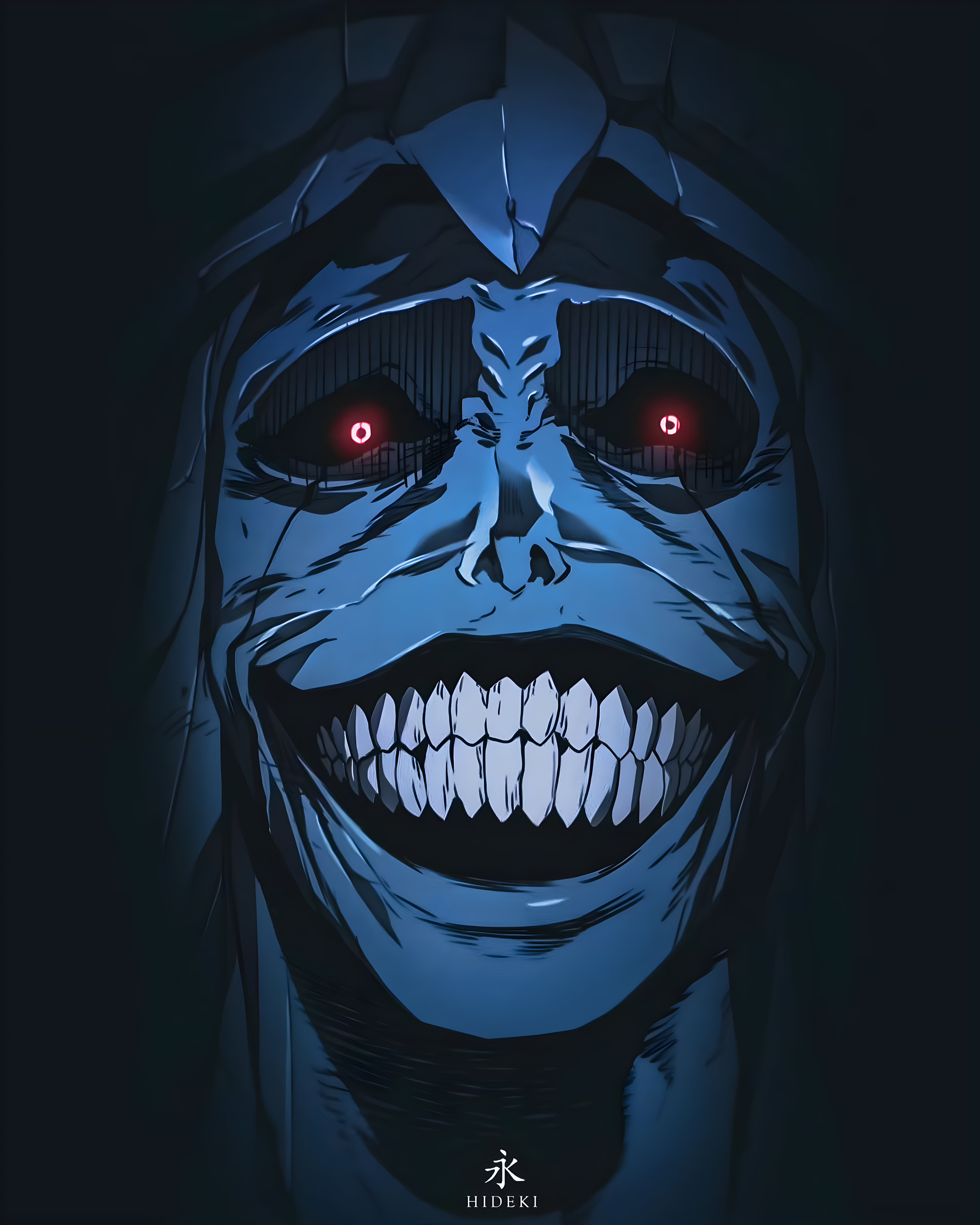 Anime 5760x7200 Solo Leveling red eyes smiling evil teeth looking at viewer face glowing eyes anime portrait display horror creepy statue