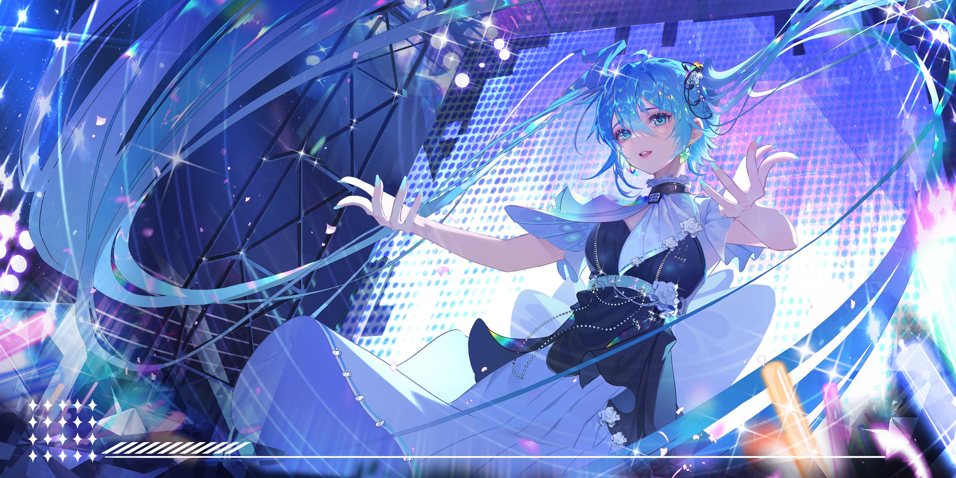 Anime 3840x1920 Hatsune Miku anime Vocaloid anime girls looking at viewer twintails blue hair blue eyes open mouth long hair earring stage light stages dress stars open arms painted nails blue nails long nails