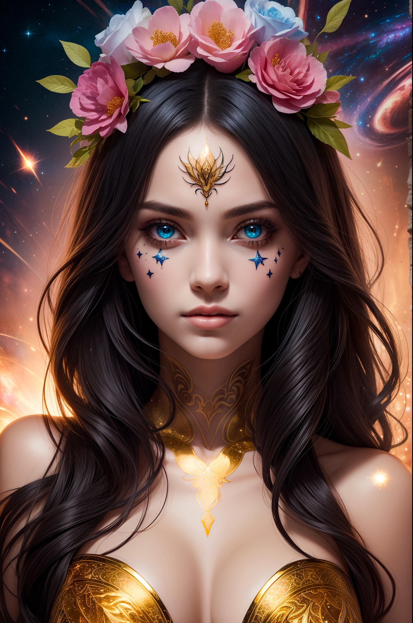 General 1360x2048 Stable Diffusion AI art women flowers gold blue eyes portrait portrait display looking at viewer digital art long hair flower in hair bare shoulders black hair leaves face closed mouth cleavage