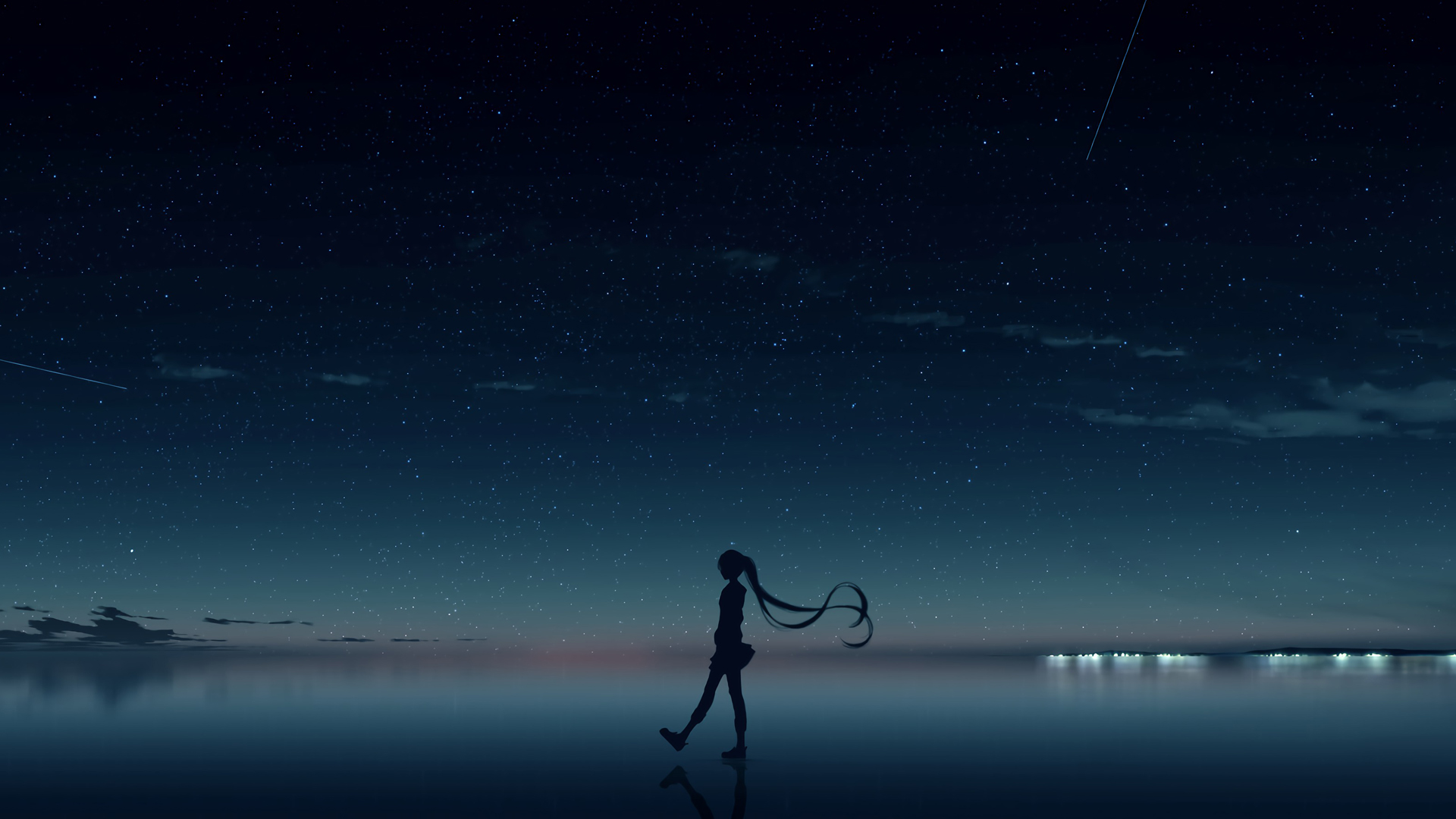 Anime 1920x1080 anime anime girls Hatsune Miku Vocaloid reflection walking starry night starred sky long hair twintails sky stars wind skirt silhouette