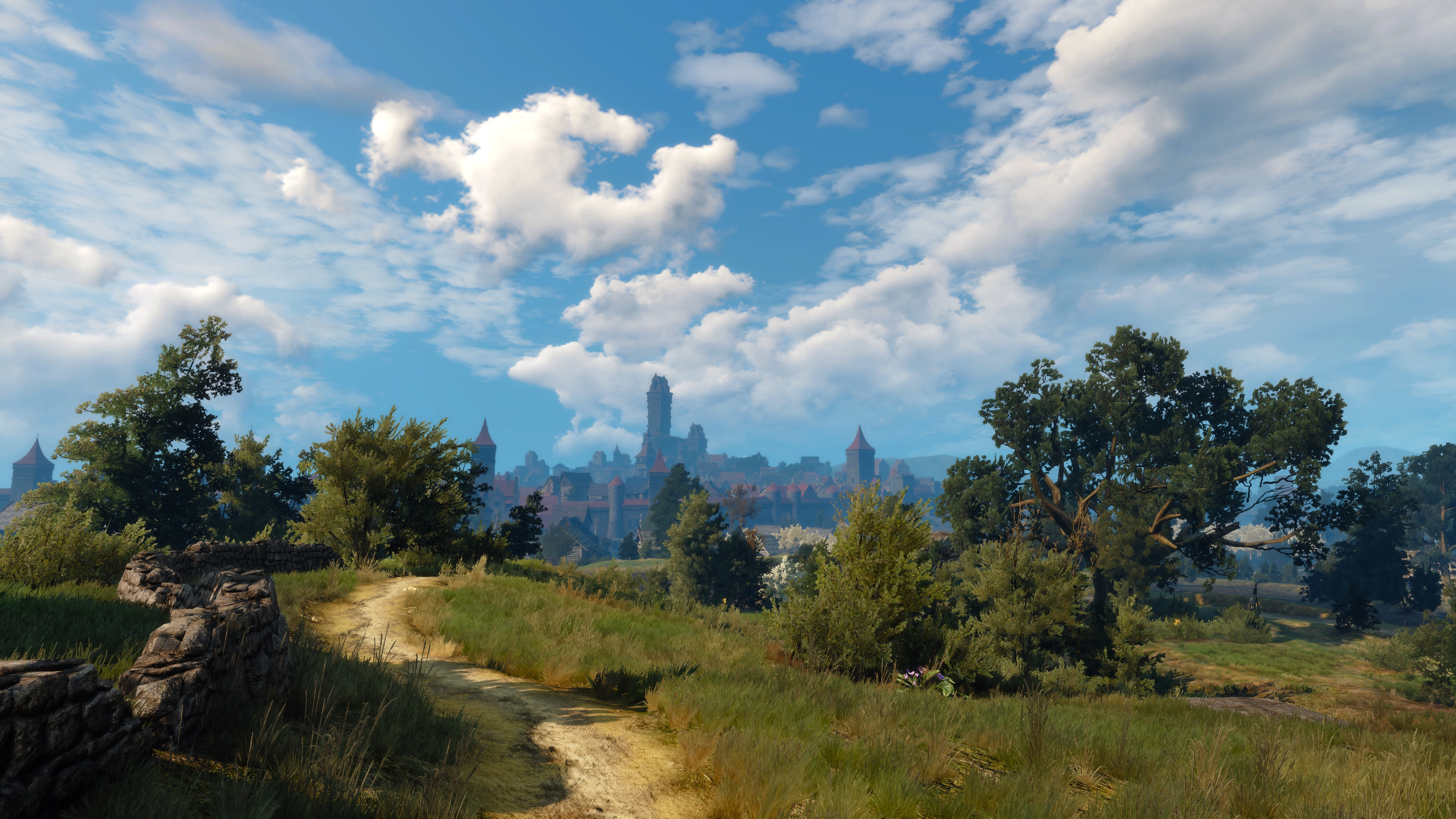 General 3840x2160 The Witcher 3: Wild Hunt PC gaming screen shot Novigrad landscape road trees clouds path video game art sky grass sunlight video games