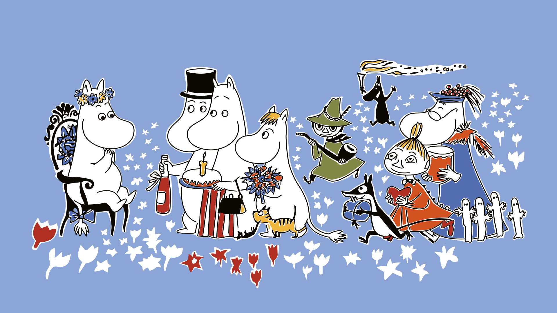 Anime 1920x1080 The Moomins minimalism simple background chair anime creatures running blue background creature anime flower crown hat cake candles purse