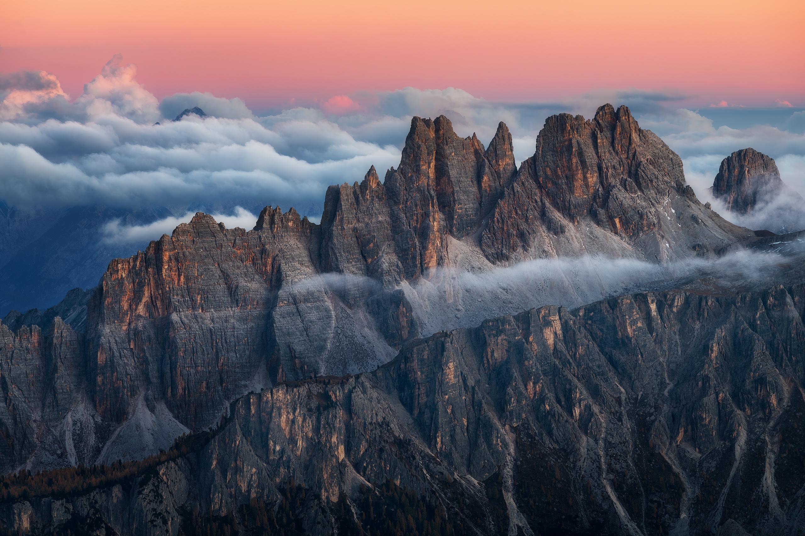General 2560x1706 aerial view photography nature mountain pass mountains sunset clouds mist trees Nicolas Alexander Otto Dolomites Italy