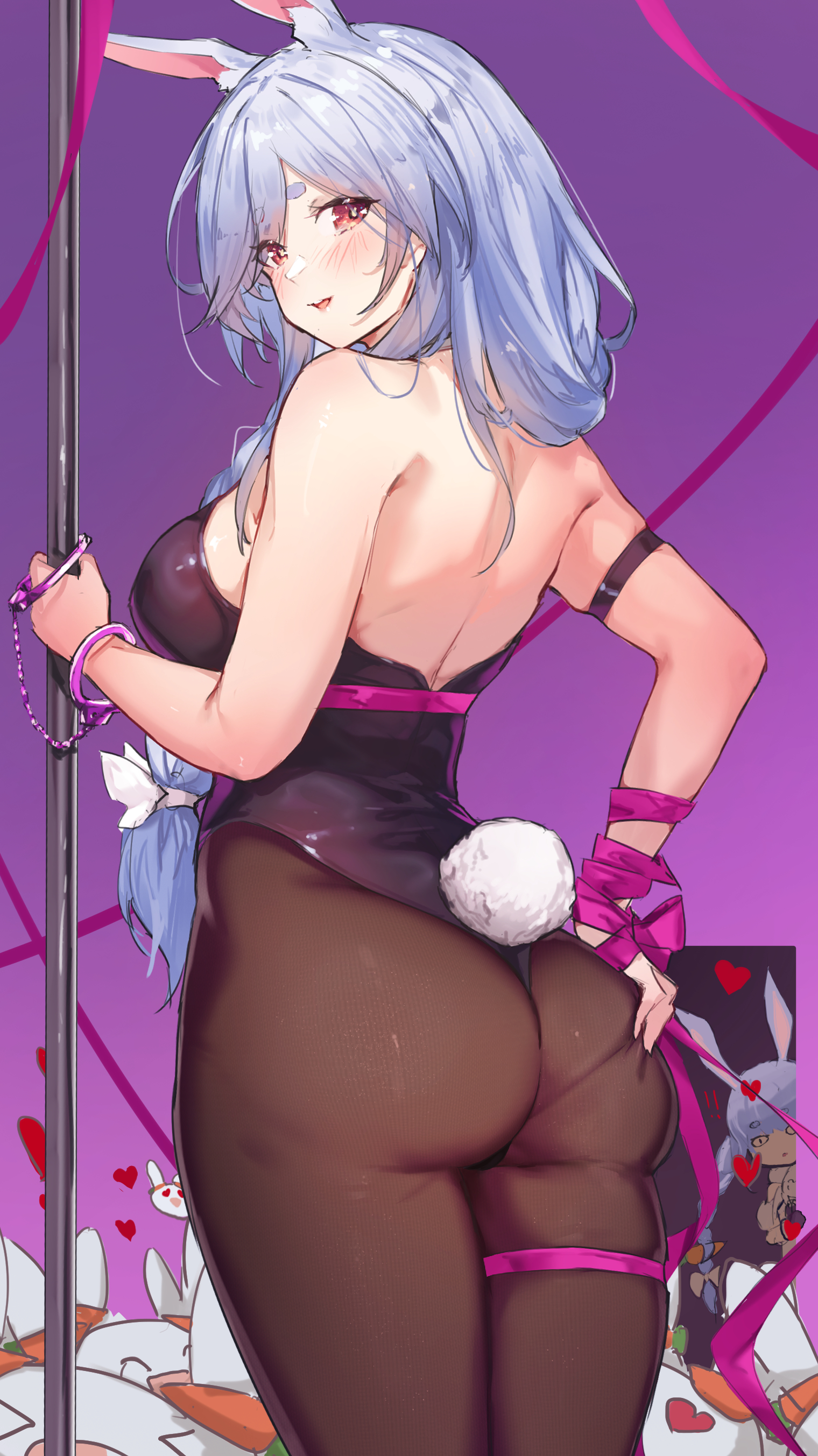 Anime 1520x2706 Hololive Pekomama anime anime girls ass looking over shoulder bunny suit looking back rear view hands on ass parted lips thighs together bareback dancing poles legs together sideboob ribbon Thigh Band leg ring standing
