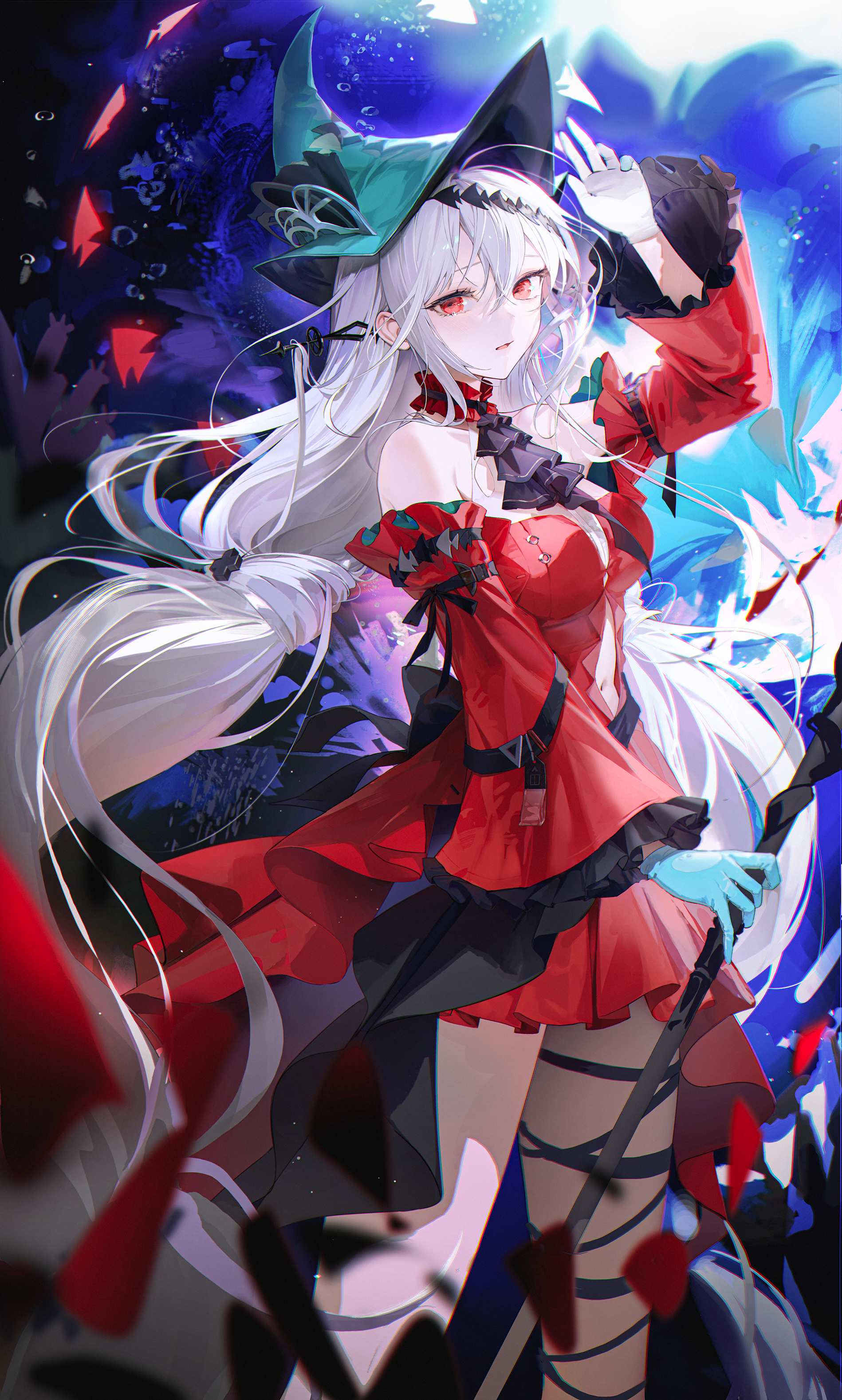Anime 1898x3153 Skadi (Arknights) Arknights anime girls anime games looking at viewer anime portrait display long hair Oyabuli hair between eyes parted lips white hair red eyes wide sleeves detached sleeves gloves belly button petals witch hat underwater bubbles two tone gloves bare shoulders ascot red dress hat frills