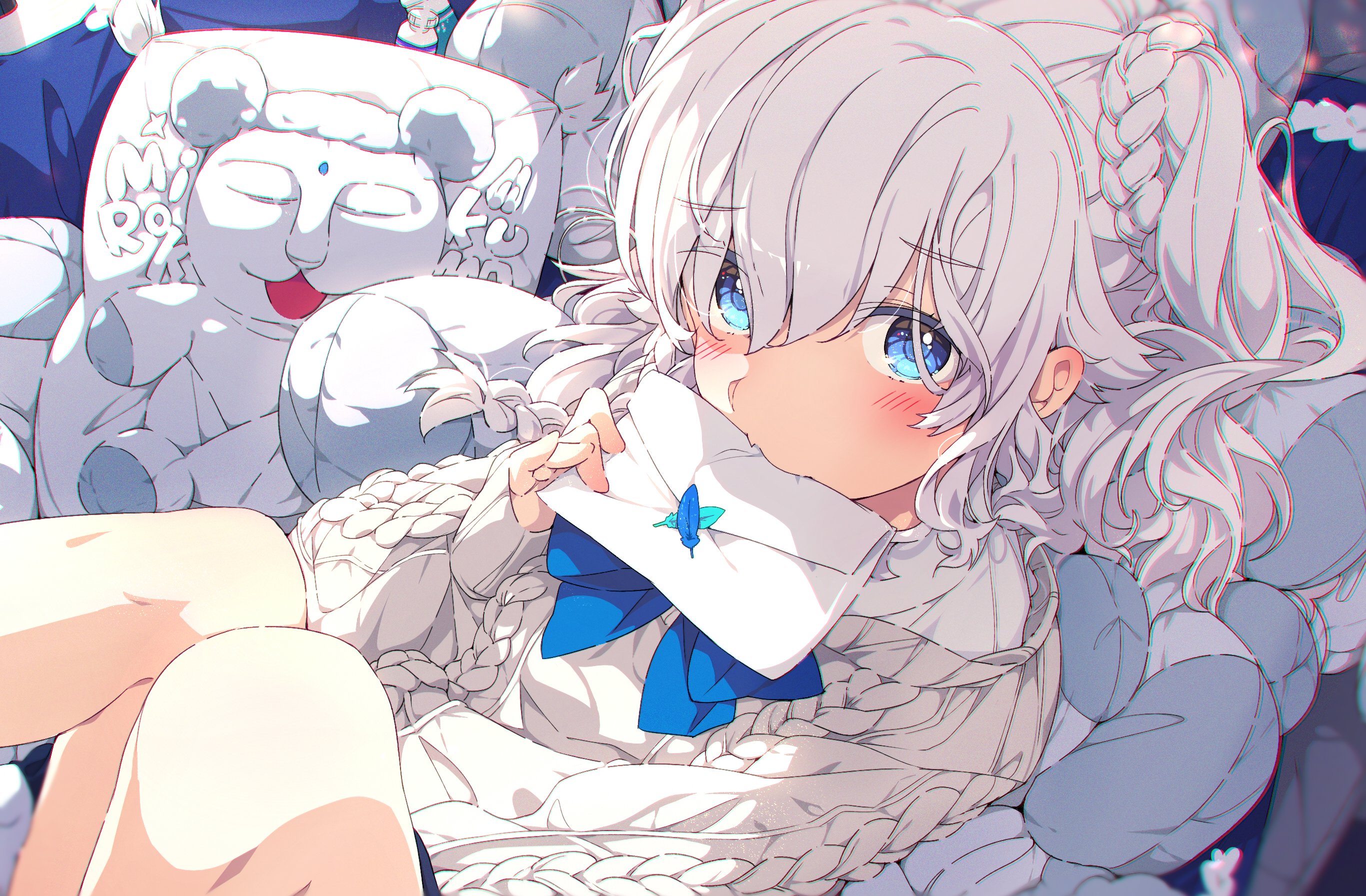 Anime 2732x1792 anime anime girls Ogipote looking at viewer blushing letter sweater long hair lying down lying on back white hair blue eyes bent legs long sleeves biting braids knees bow tie