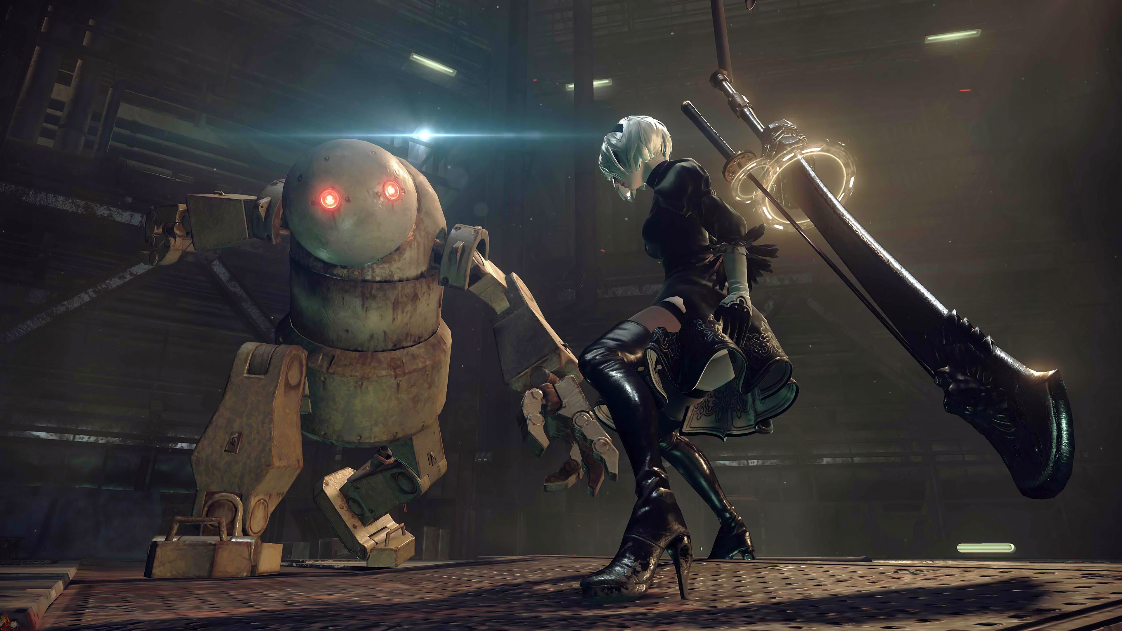 General 3840x2160 Nier: Automata 2B (Nier: Automata) white hair short hair black dress frill dress frills high heeled boots leather gloves sword robot video games video game characters Square Enix leather boots thigh high boots gloves feather-trimmed sleeves weapon video game girls Platinum games CGI screen shot thigh-highs