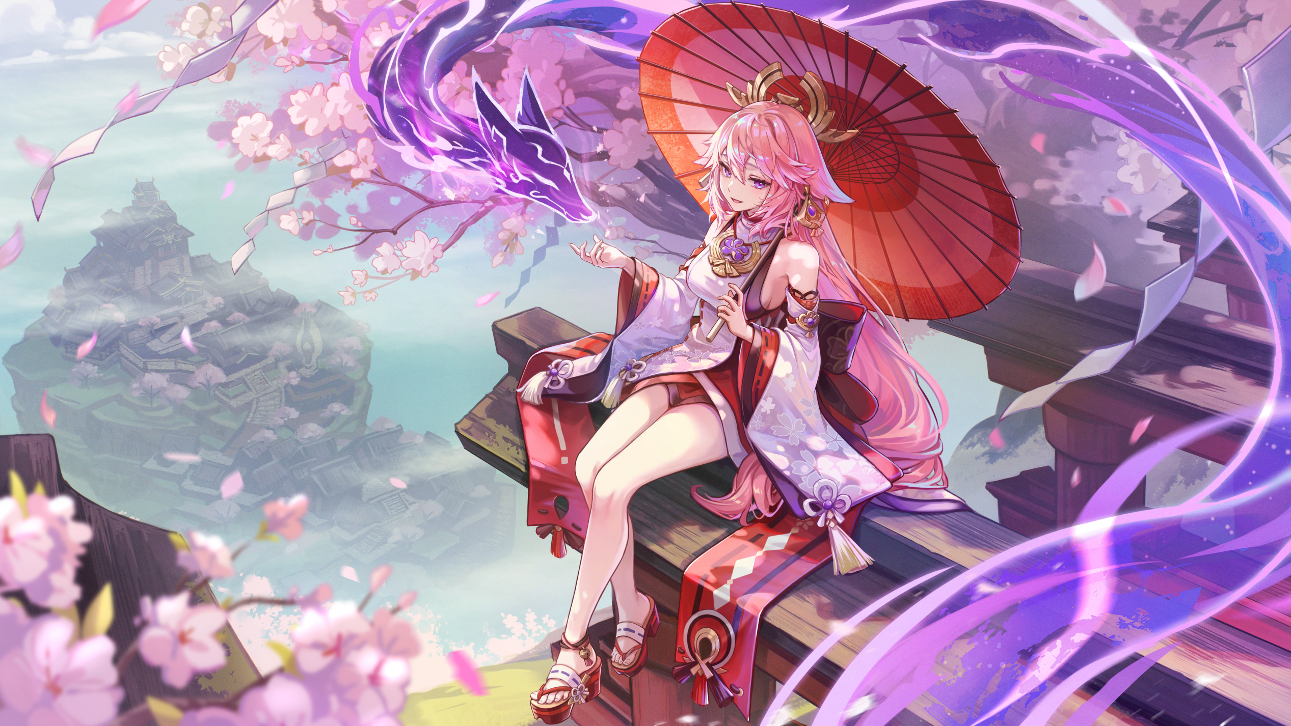 Anime 2534x1426 Genshin Impact umbrella looking at viewer long hair pink hair women outdoors detached sleeves petals hair ornament smiling sandals asian clothing Yae Miko (Genshin Impact) bare shoulders thighs cherry blossom sitting depth of field fox girl animal ears high angle kyusoukyu red umbrella torii trees magic sky miko dress
