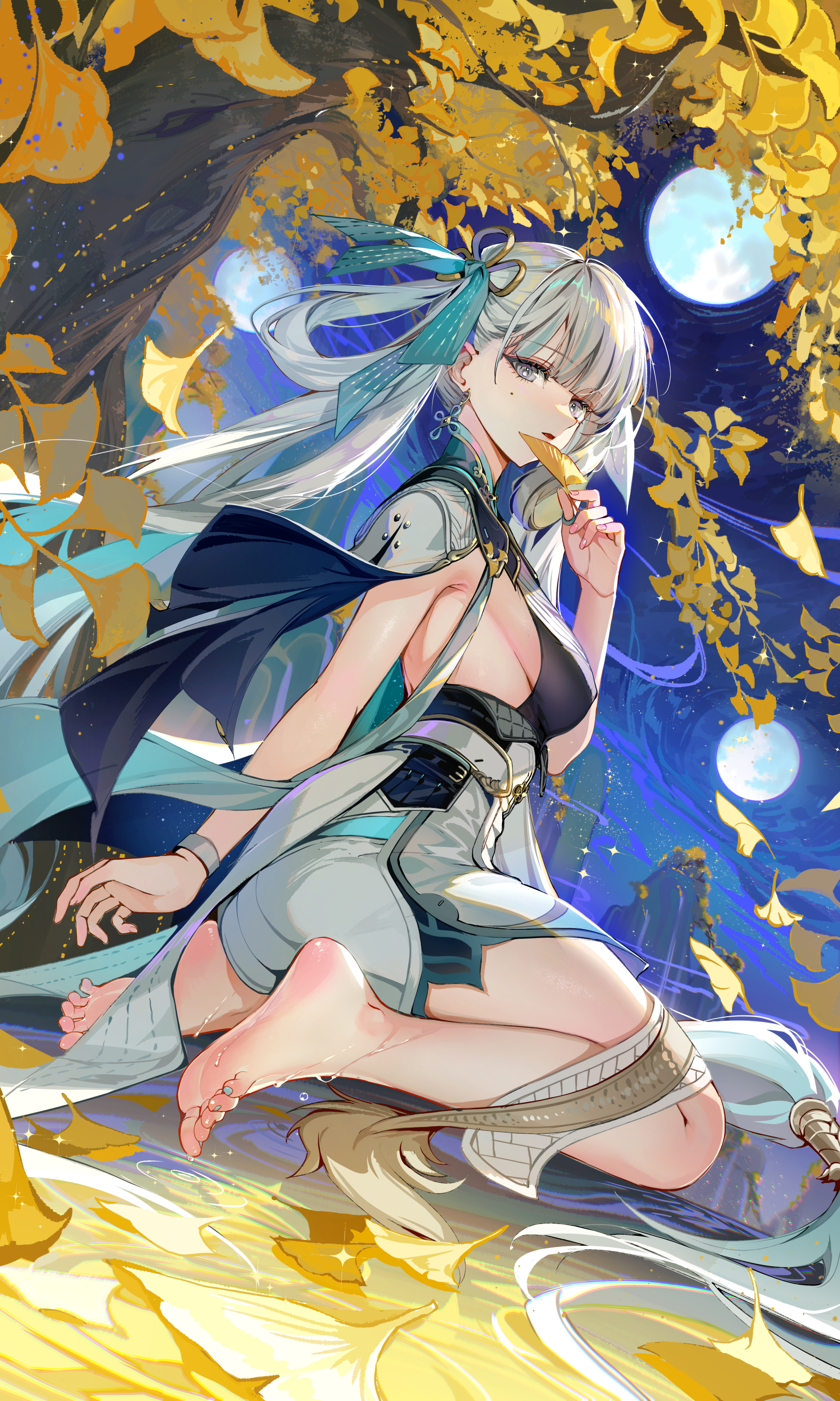 Anime 1800x3001 Wuthering Waves leaves portrait display long hair Jinhsi (Wuthering Waves) looking at viewer sitting boobs women outdoors foot sole hair ornament white hair parted lips blue eyes nail polish mole under eye thighs sideboob depth of field AkiZero feet toes trees Moon sky