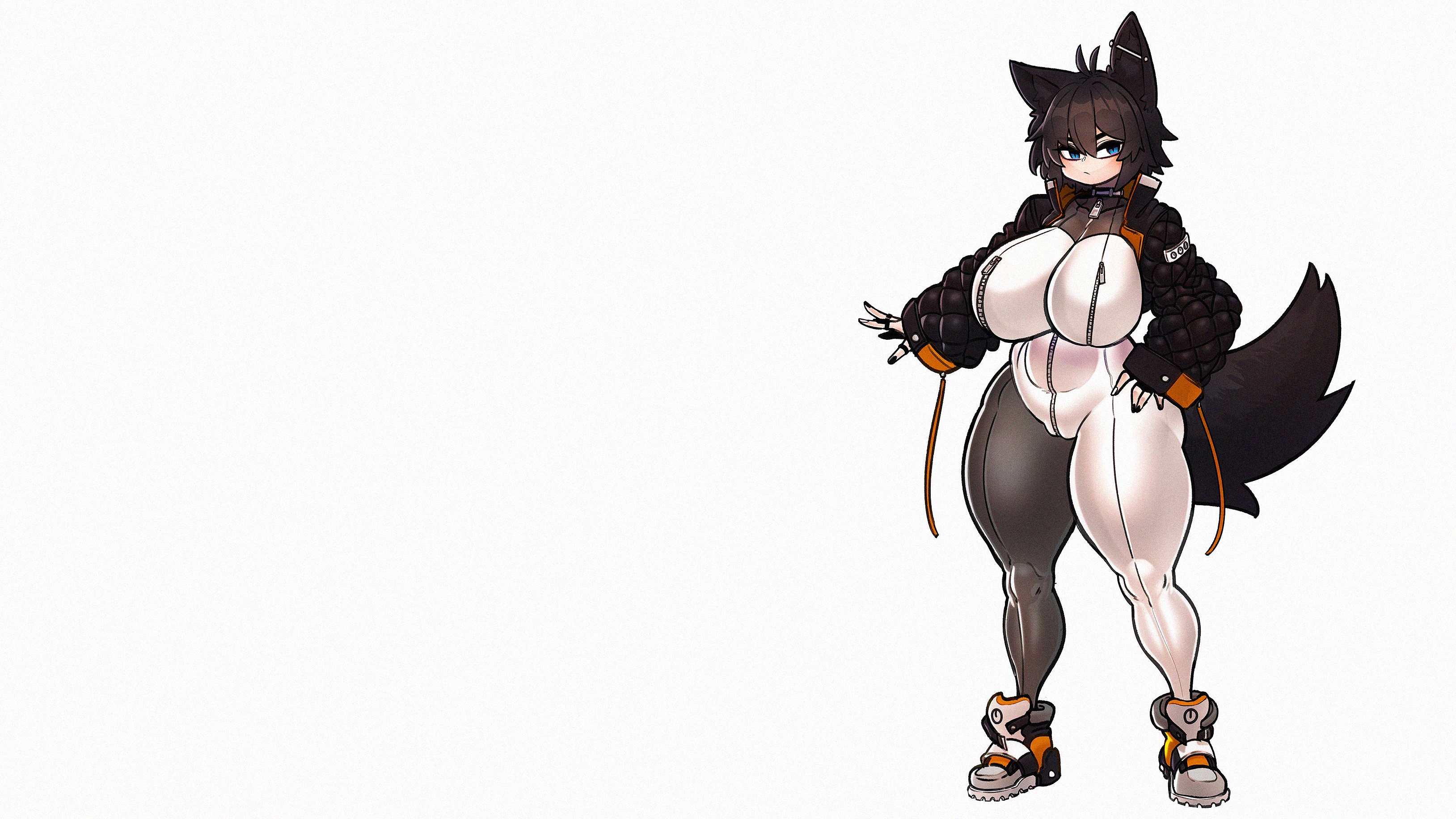 Anime 3257x1832 anime anime girls simple background minimalism wolf girls wolf ears wolf tail short hair brunette light blue eyes mature women wide hips mature body thighs ecchi boobs big boobs huge breasts