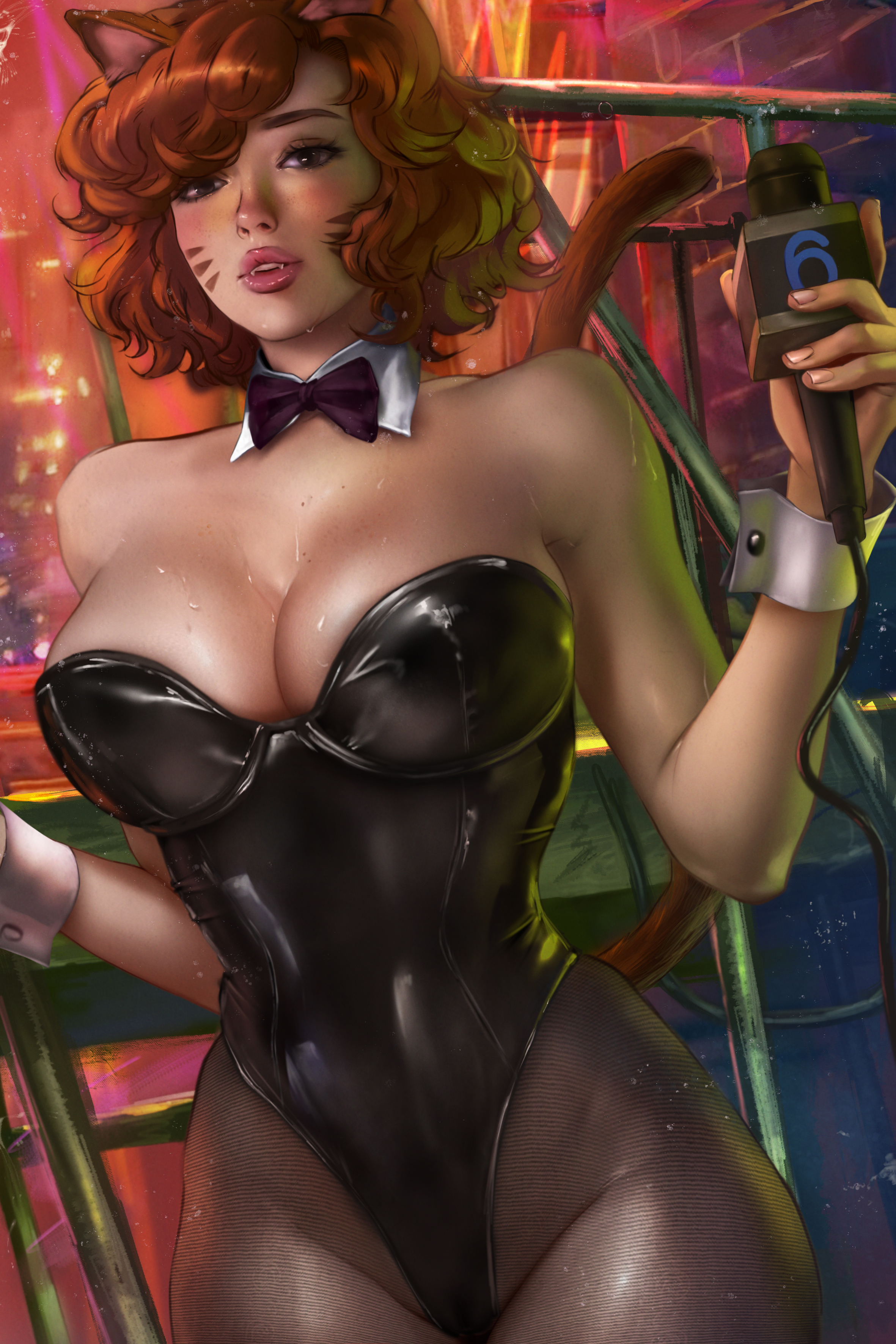General 2362x3543 Teenage Mutant Ninja Turtles portrait display brunette April O'Neil (TMNT) sweat huge breasts parted lips looking at viewer tail animal ears facial mark bunny suit bunny girl strapless leotard bow tie microphone black leotard black pantyhose blushing pantyhose bare shoulders sweaty body wrist cuffs Logan Cure short hair cat ears cat girl cleavage juicy lips