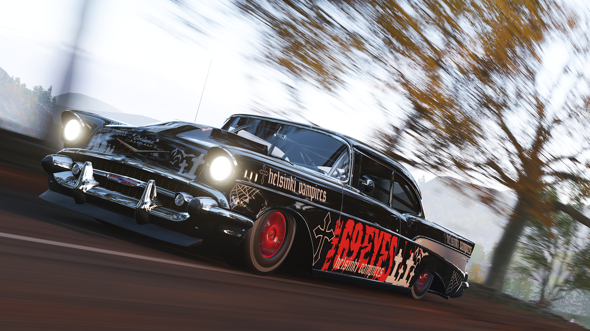 General 1920x1080 Forza Horizon 4 blurry background race tracks Chevrolet Xbox Game Studios car vehicle PlaygroundGames blurred Chevrolet Bel Air Turn 10 Studios trees American cars driving The 69 eyes headlights frontal view video games video game art CGI