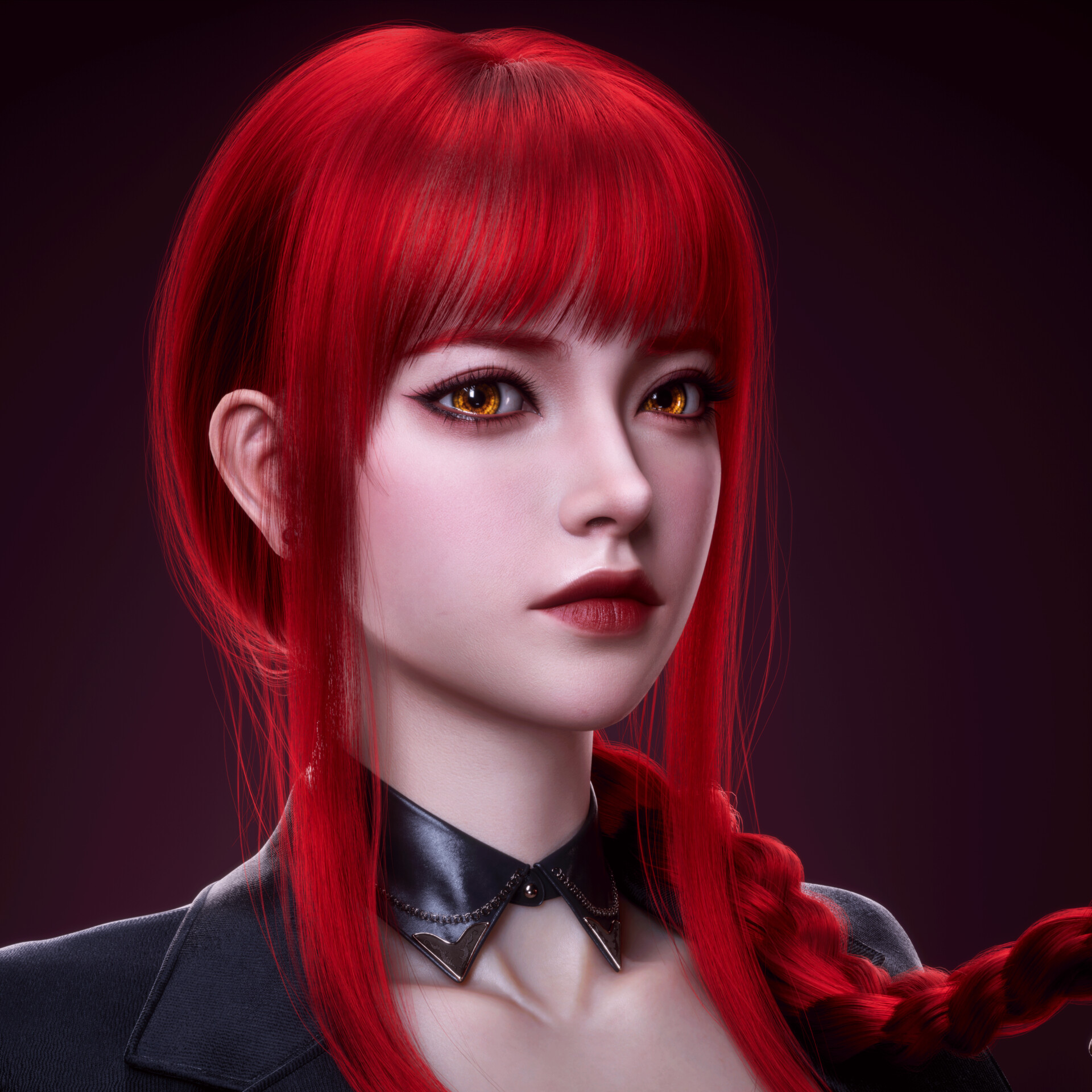 General 1920x1920 Yolo Chen CGI Makima (Chainsaw Man) braids black clothing Chainsaw Man digital art simple background face red lipstick long hair lipstick closed mouth collarbone anime girls redhead yellow eyes minimalism ringed eyes looking at viewer closeup