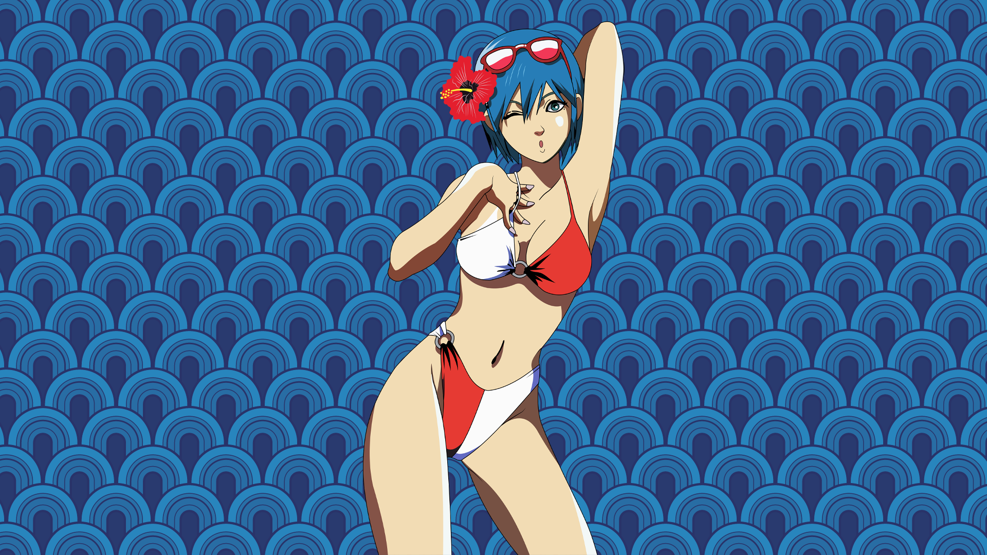 Anime 1920x1080 Linda Cube Linda (Linda Cube) sunglasses blue hair looking at viewer bikini tanned vector Vector trace video game girls video game characters video games