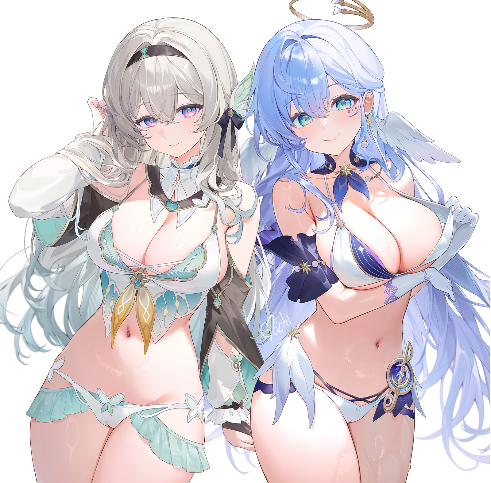 Anime 1600x1574 Honkai: Star Rail big boobs Firefly (Honkai: Star Rail) Robin (Honkai: Star Rail) two women white gloves bikini simple background gloves white background looking at viewer hairband head wings bare shoulders cleavage closed mouth Machi hands in hair smiling thighs