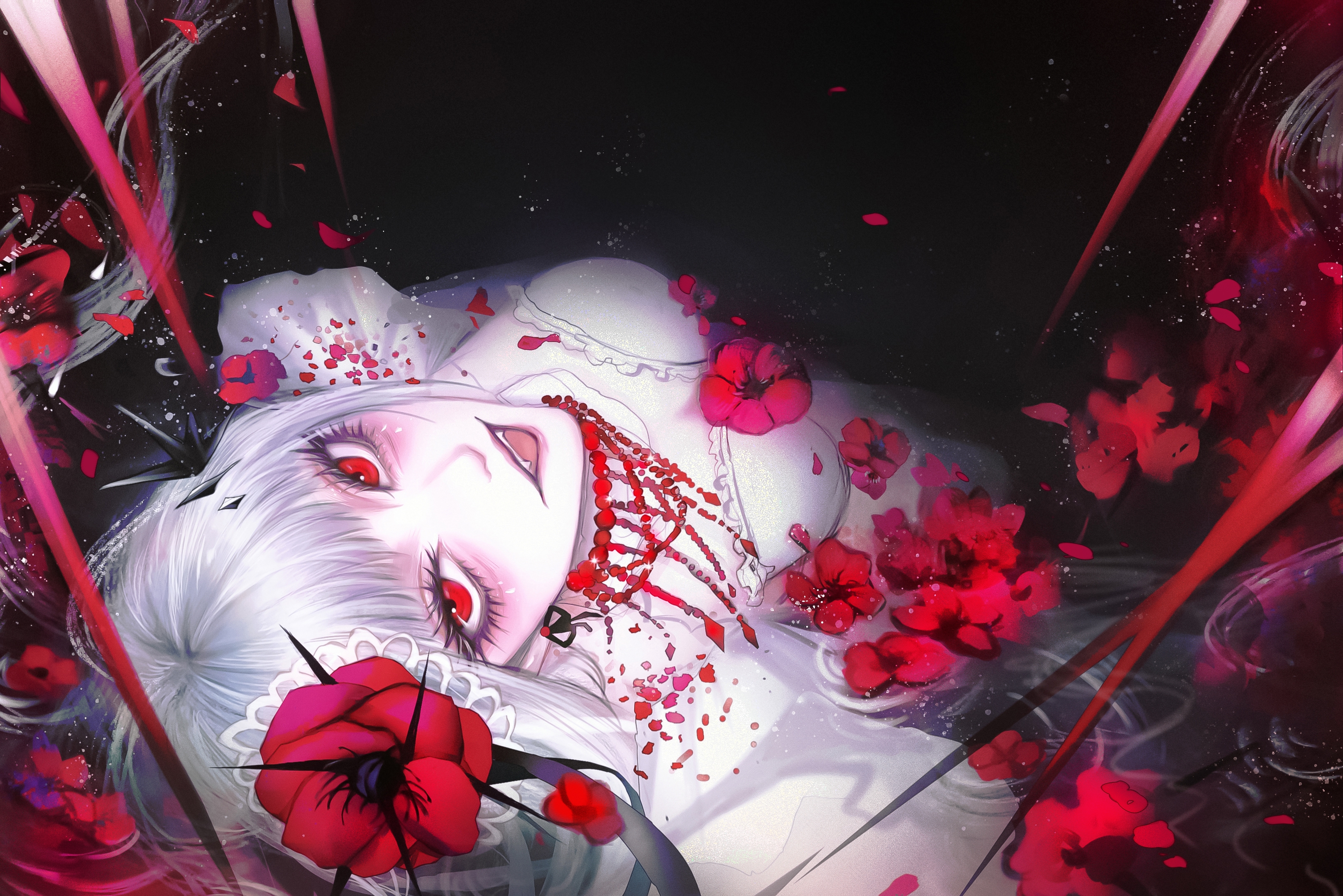 Anime 3235x2160 Path to Nowhere flowers Coquelic (Path to Nowhere) looking at viewer necklace lying down lying on back white dress white hair cleavage flower in hair red flowers looking up red petals long sleeves open mouth aegyo sal poppies blunt bangs Yu Zhezhe big boobs in water water ripples ripples white clothing jewelry dress fangs