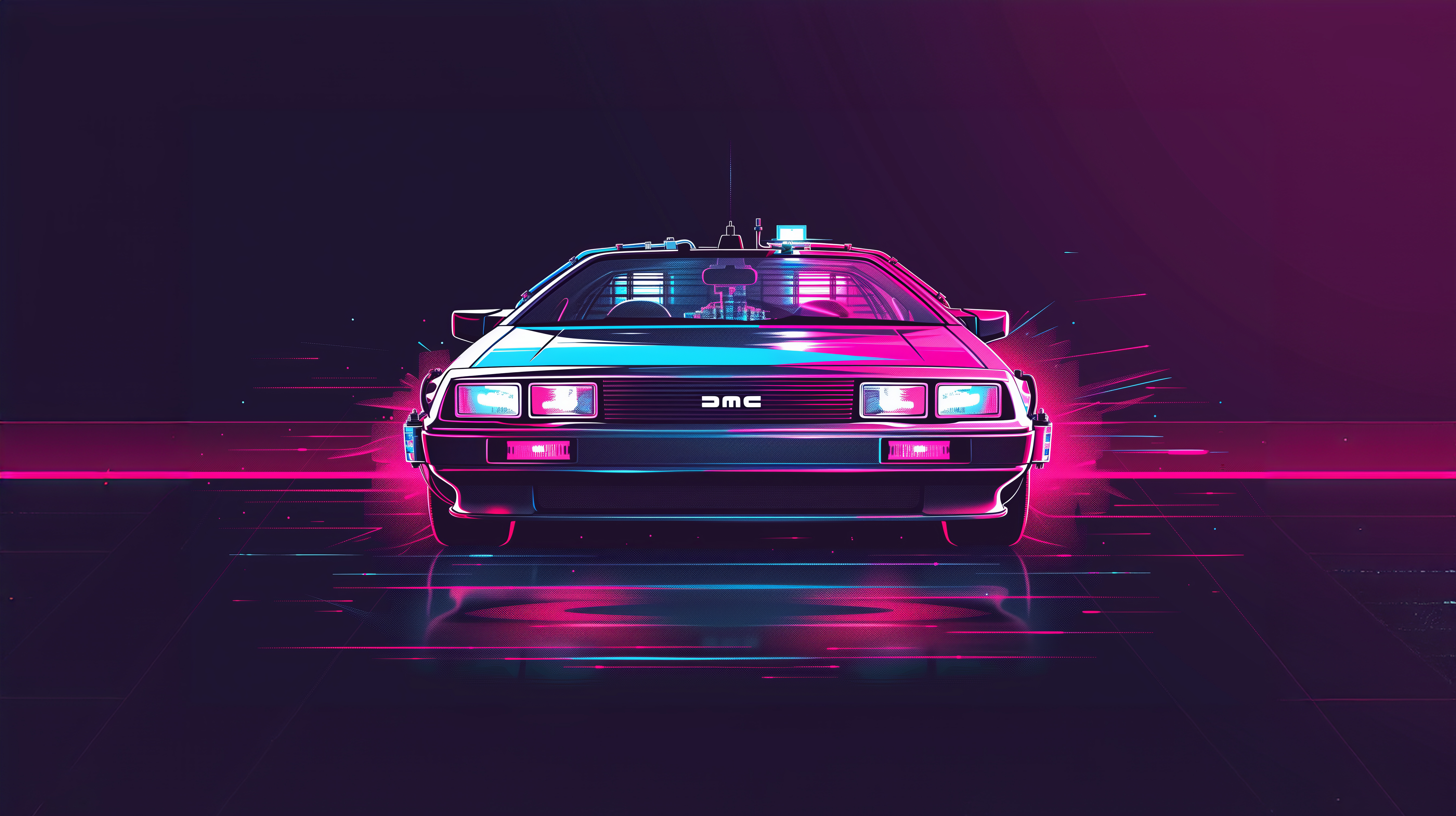 General 5824x3264 AI art Back to the Future DeLorean Time Machine synthwave purple neon illustration