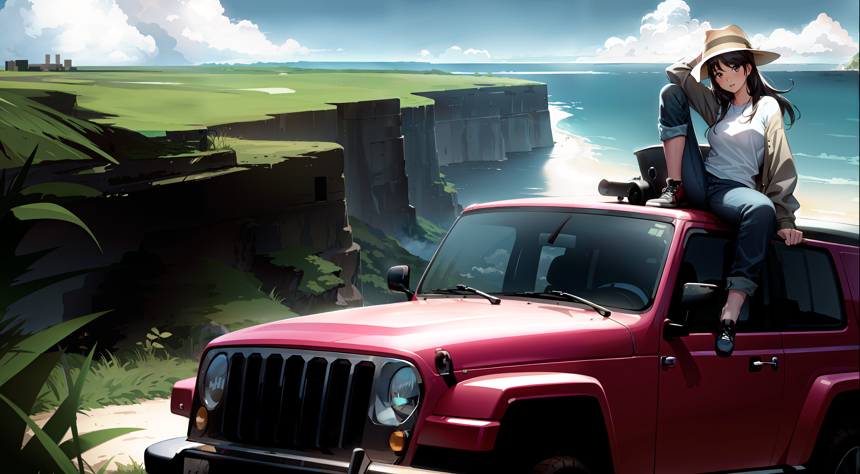 Anime 2784x1536 AI art Jeep anime anime girls sitting women outdoors water hat women with hats frontal view headlights women with cars clouds bent legs looking at viewer long hair brunette sunlight leaves sky Stellantis American cars