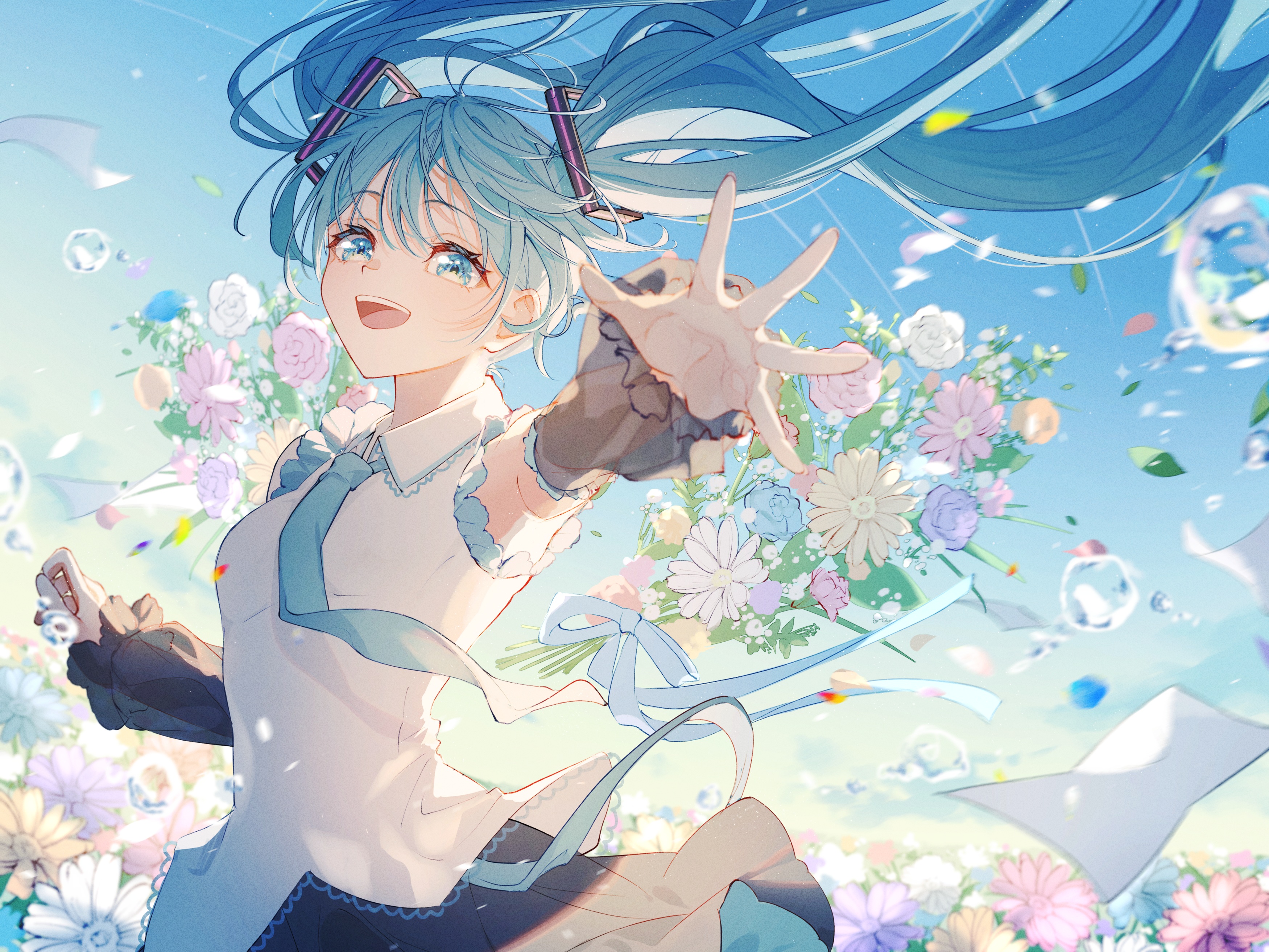 Anime 3500x2625 Vocaloid Hatsune Miku looking at viewer petals blue eyes open mouth blue hair Yuzuha Wasa flowers arms reaching smiling detached sleeves armpits water drops hair blowing in the wind clear sky clouds sky bouquets