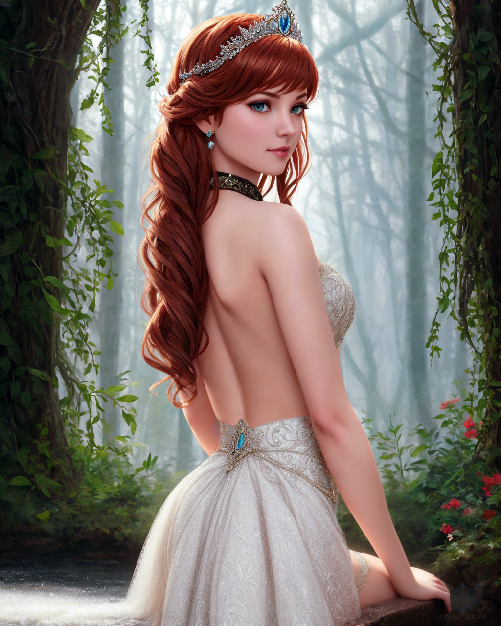 General 1024x1280 AI art Angel Light Disney princesses outdoors boobs slim body redhead daylight blue eyes tiaras flowers sitting pond water forest bareback portrait display looking at viewer leaves dress earring trees