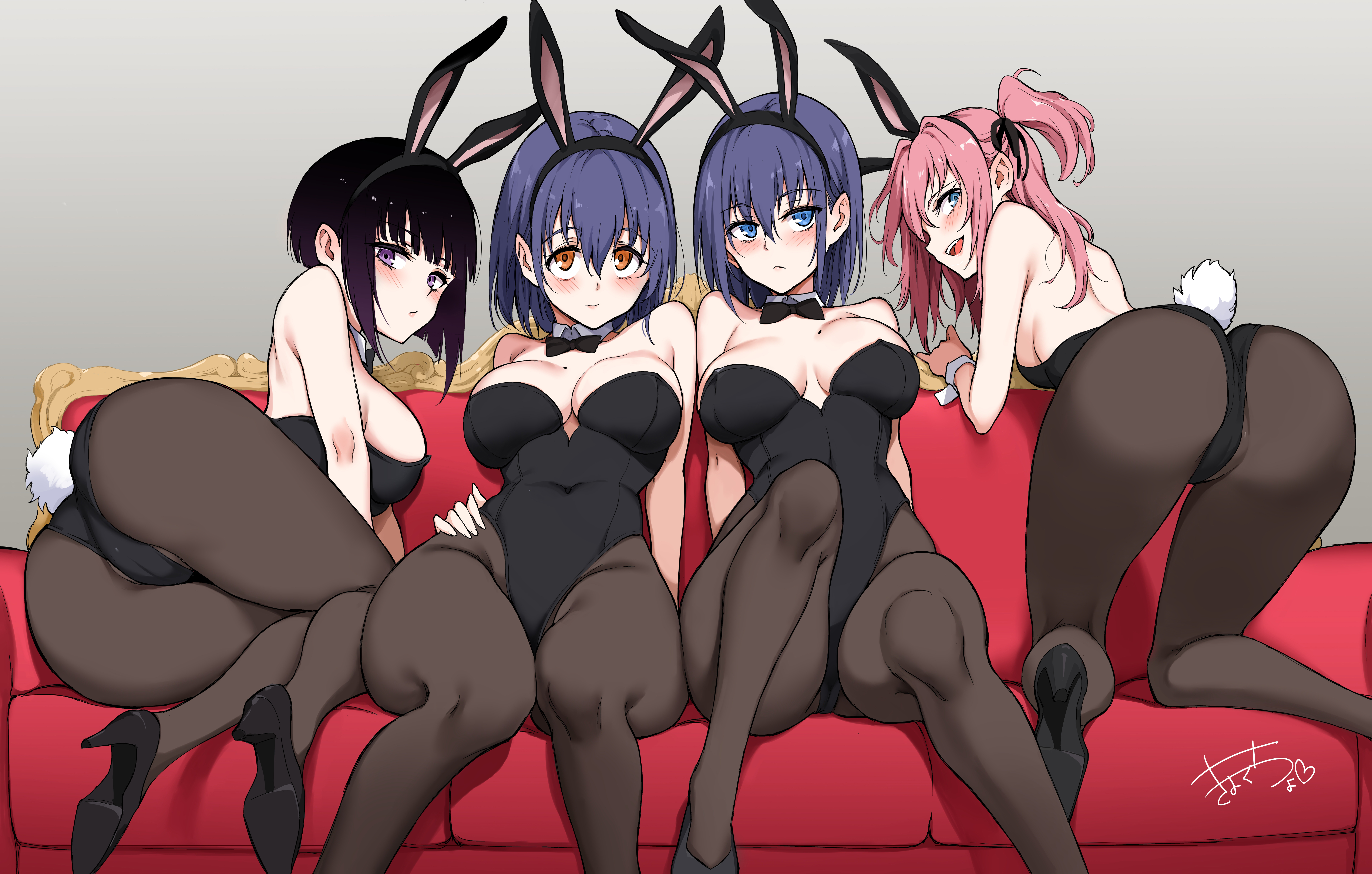 Anime 6452x4112 Kaede to Suzu Lovely Aina-chan Lovely (Hentai) anime anime girls 2D drawing fan art Kyokucho bunny girl bunny suit ass bunny ears pantyhose miyabi-senpai crossover line-up bent over blushing looking at viewer bow tie heels